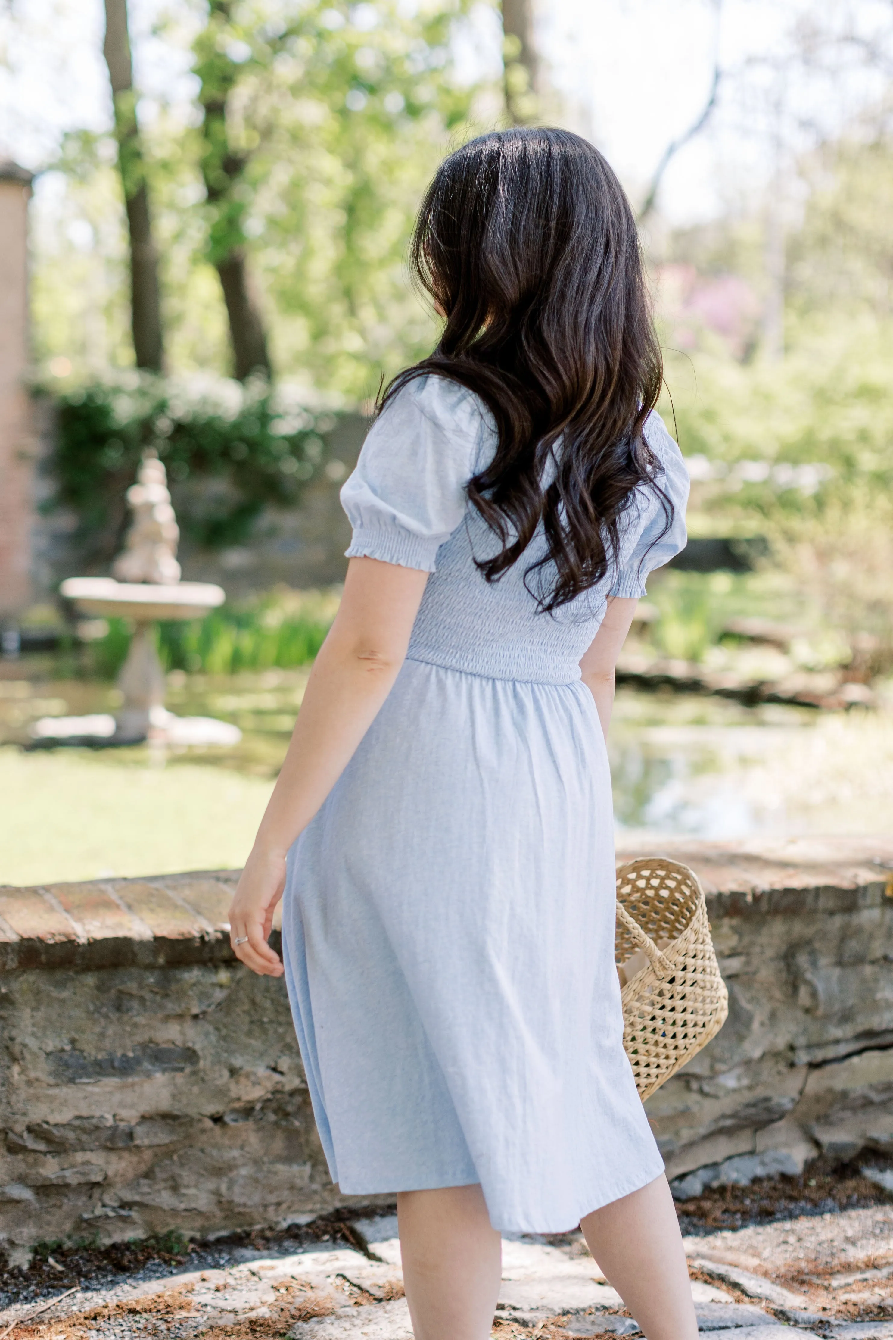 'Neela' Smocked Bodice Cotton Swing Dress in Heather Blue FINAL SALE