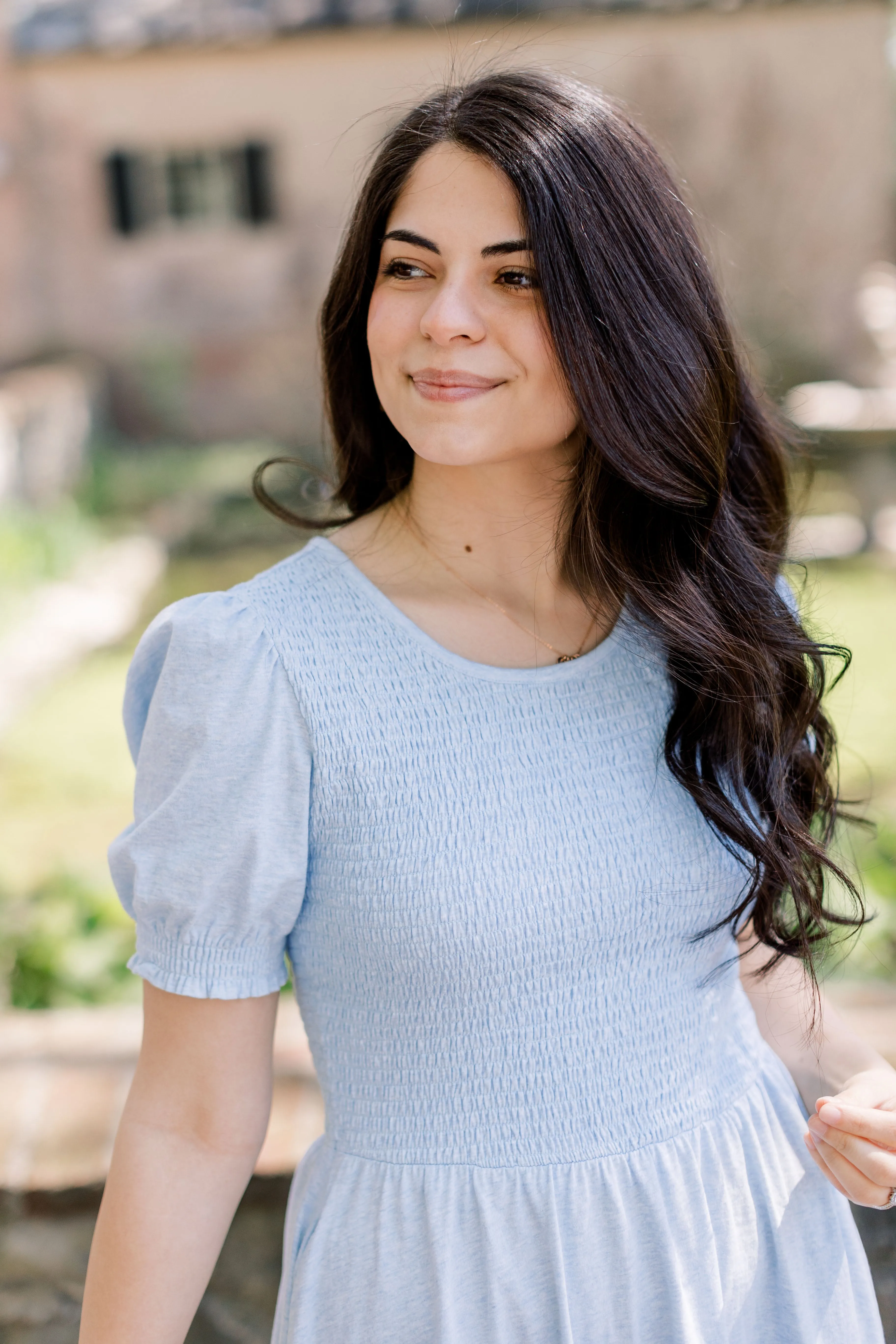 'Neela' Smocked Bodice Cotton Swing Dress in Heather Blue FINAL SALE