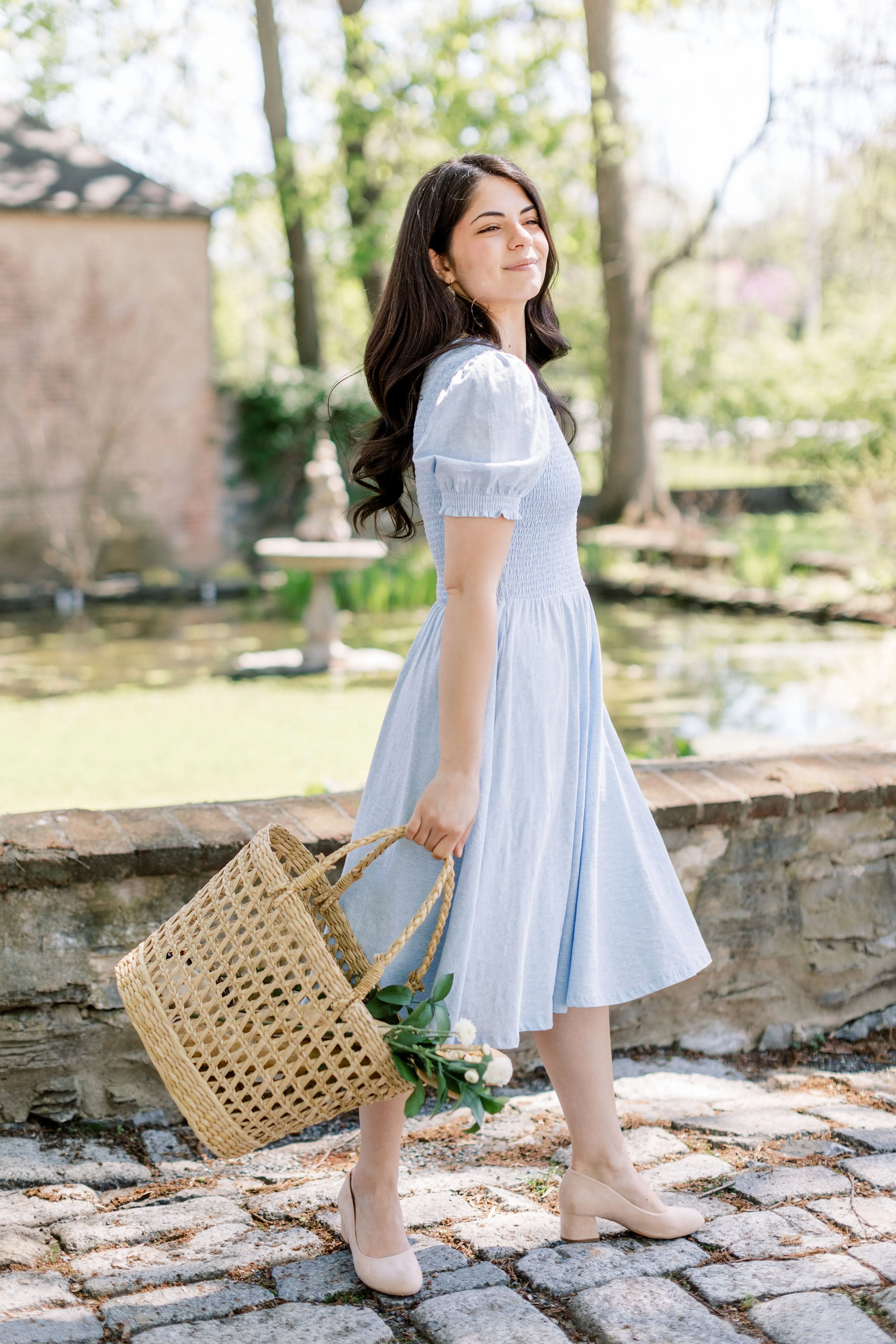 'Neela' Smocked Bodice Cotton Swing Dress in Heather Blue FINAL SALE