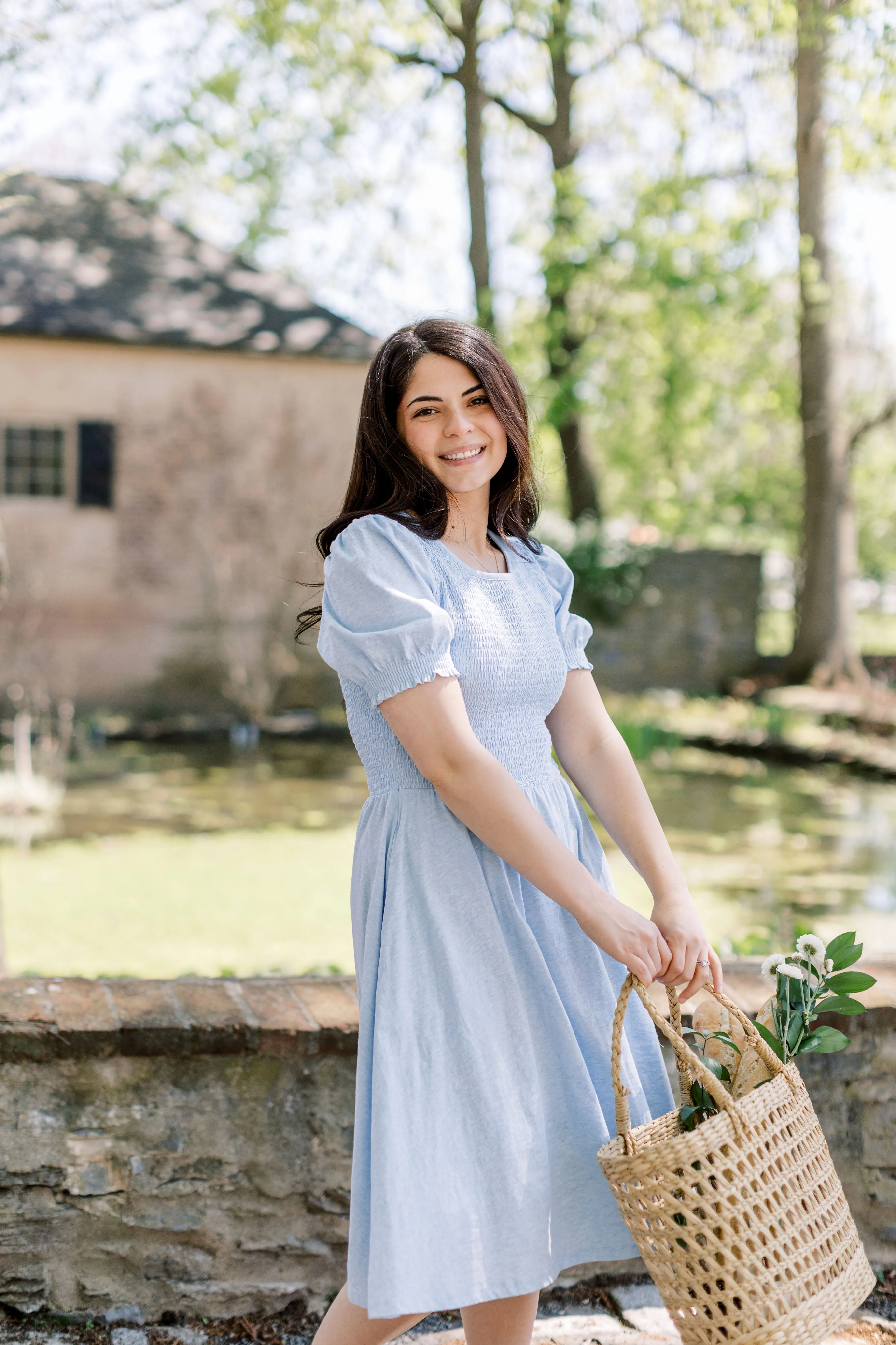 'Neela' Smocked Bodice Cotton Swing Dress in Heather Blue FINAL SALE