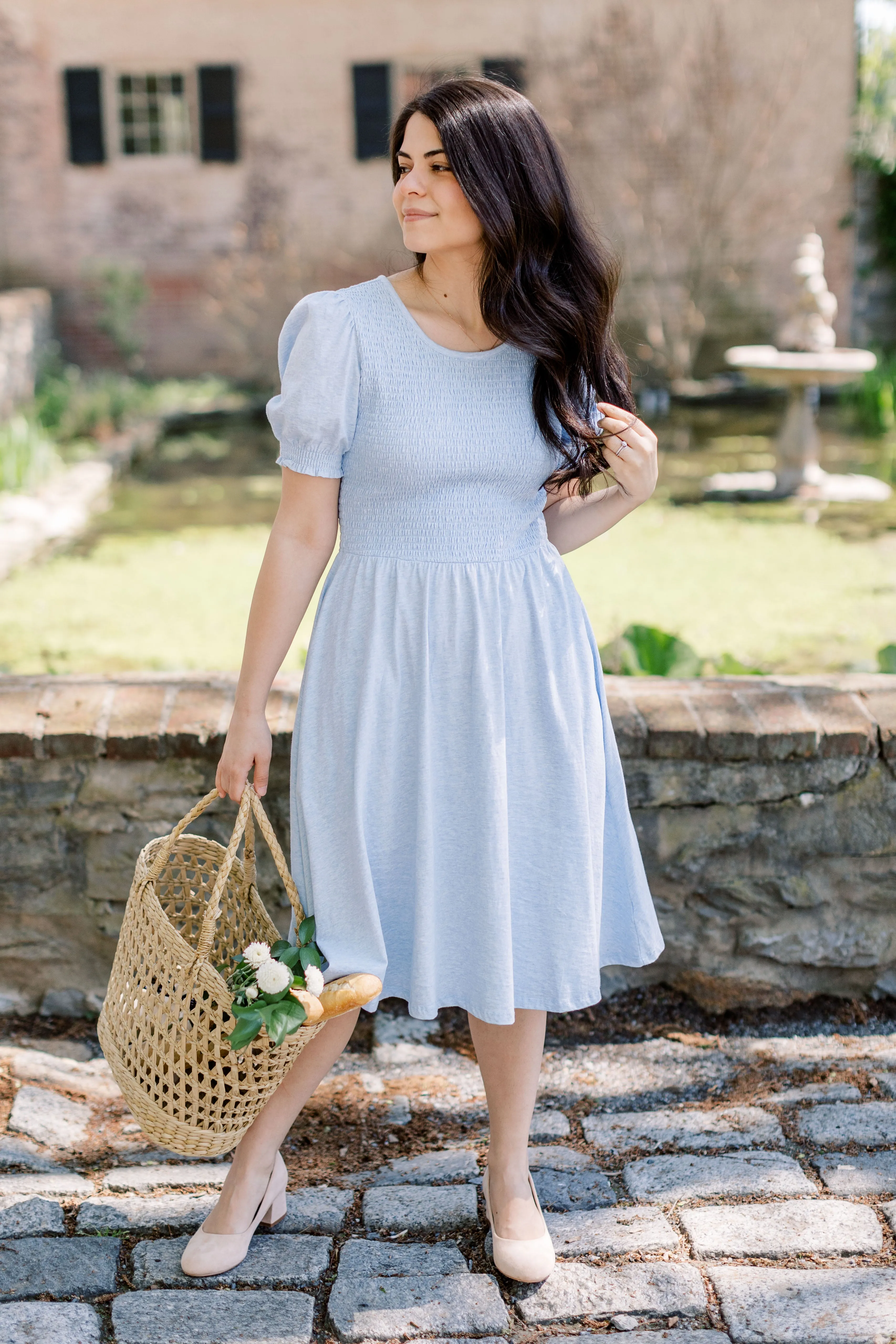 'Neela' Smocked Bodice Cotton Swing Dress in Heather Blue FINAL SALE