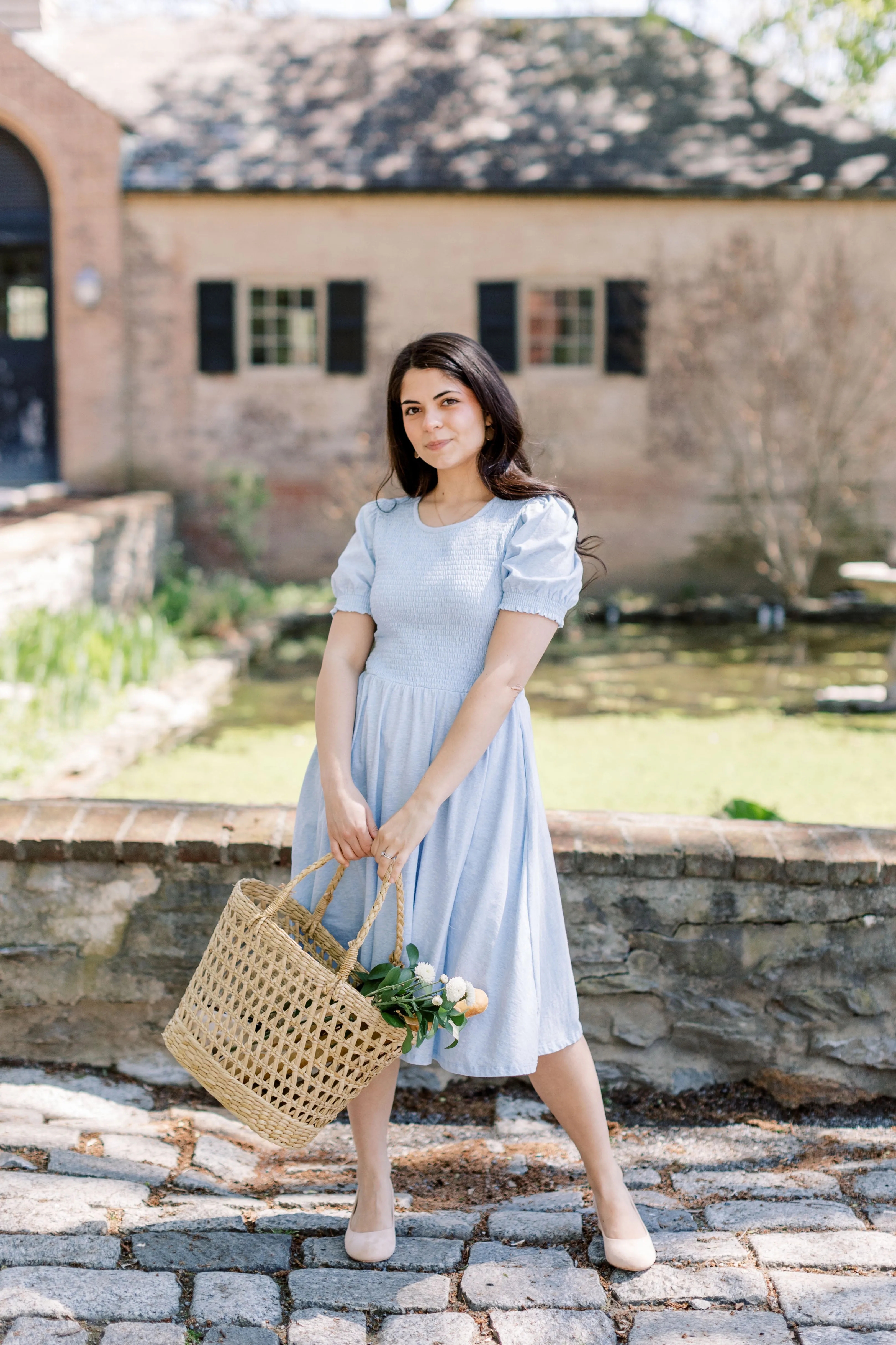 'Neela' Smocked Bodice Cotton Swing Dress in Heather Blue FINAL SALE