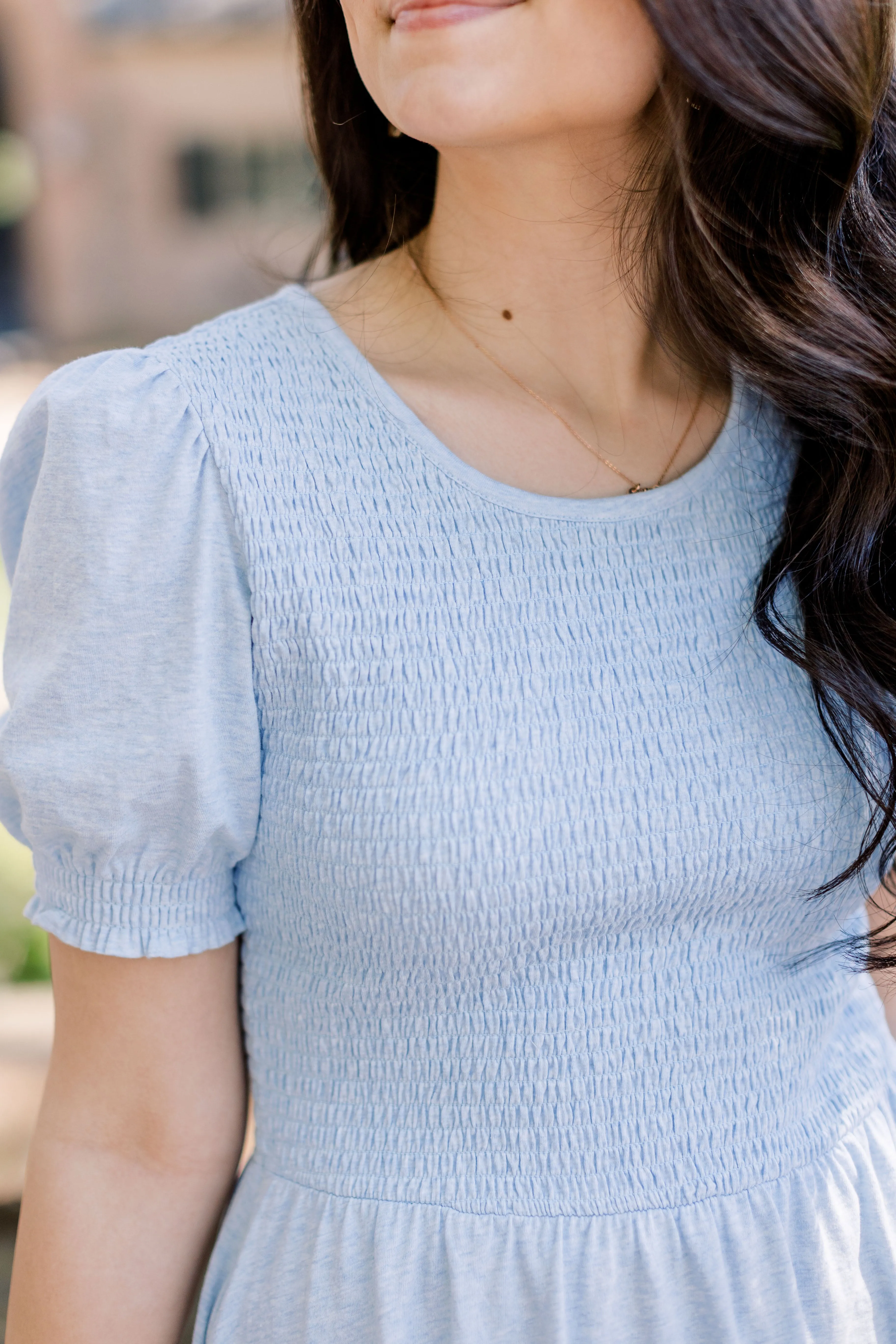 'Neela' Smocked Bodice Cotton Swing Dress in Heather Blue FINAL SALE