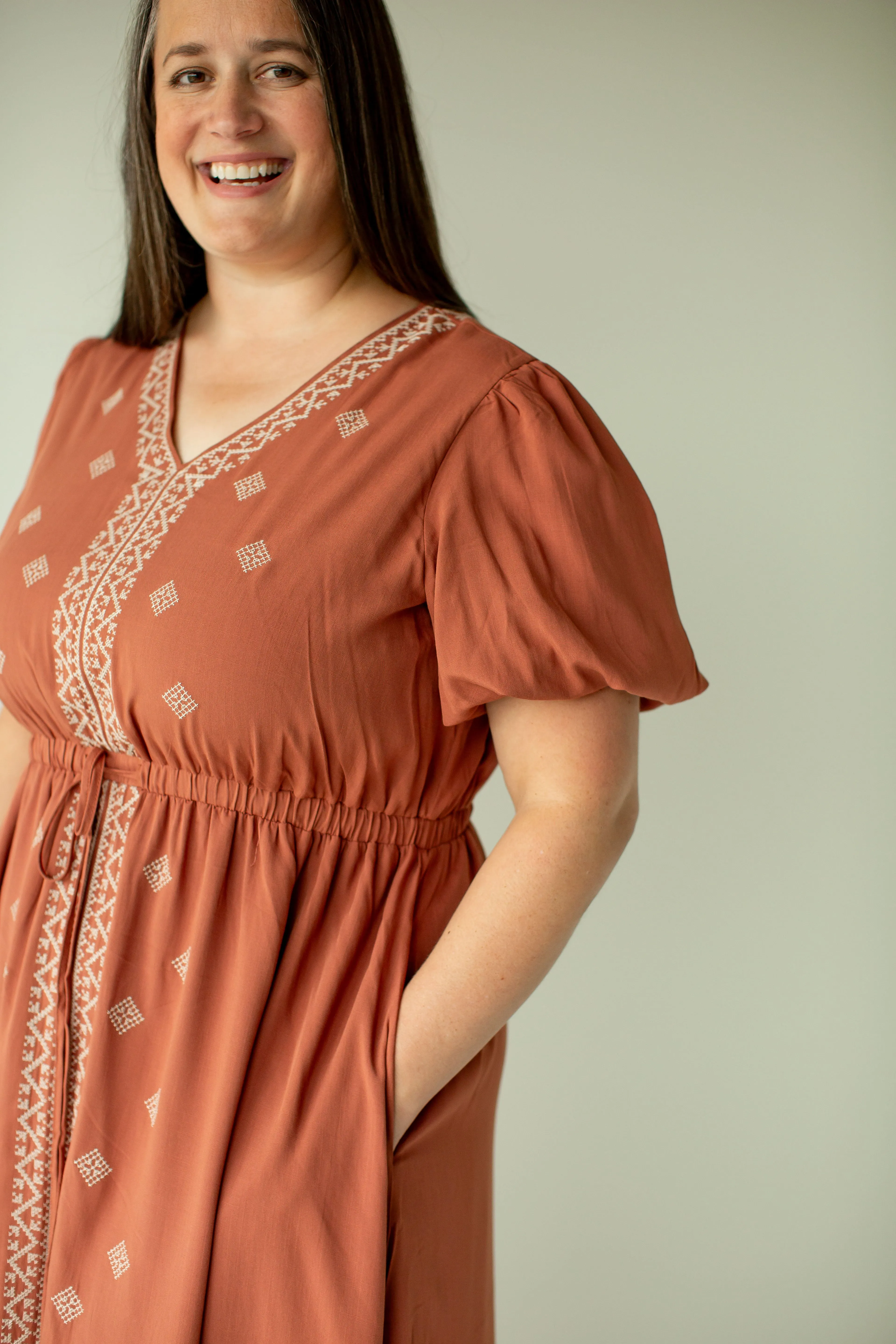 Plus 'Marcella' Puff Sleeve Embroidered Midi Dress in Terracotta