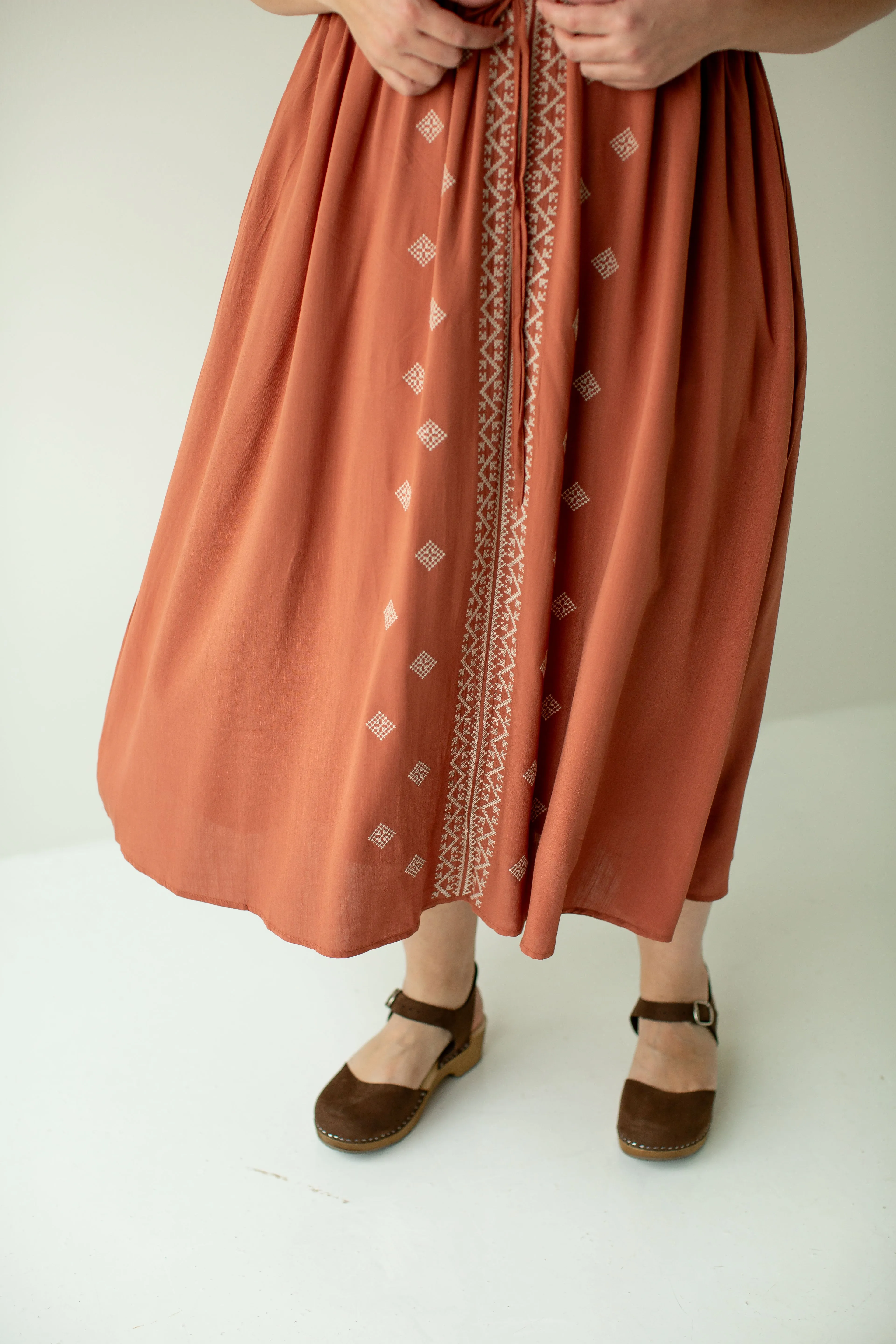 Plus 'Marcella' Puff Sleeve Embroidered Midi Dress in Terracotta