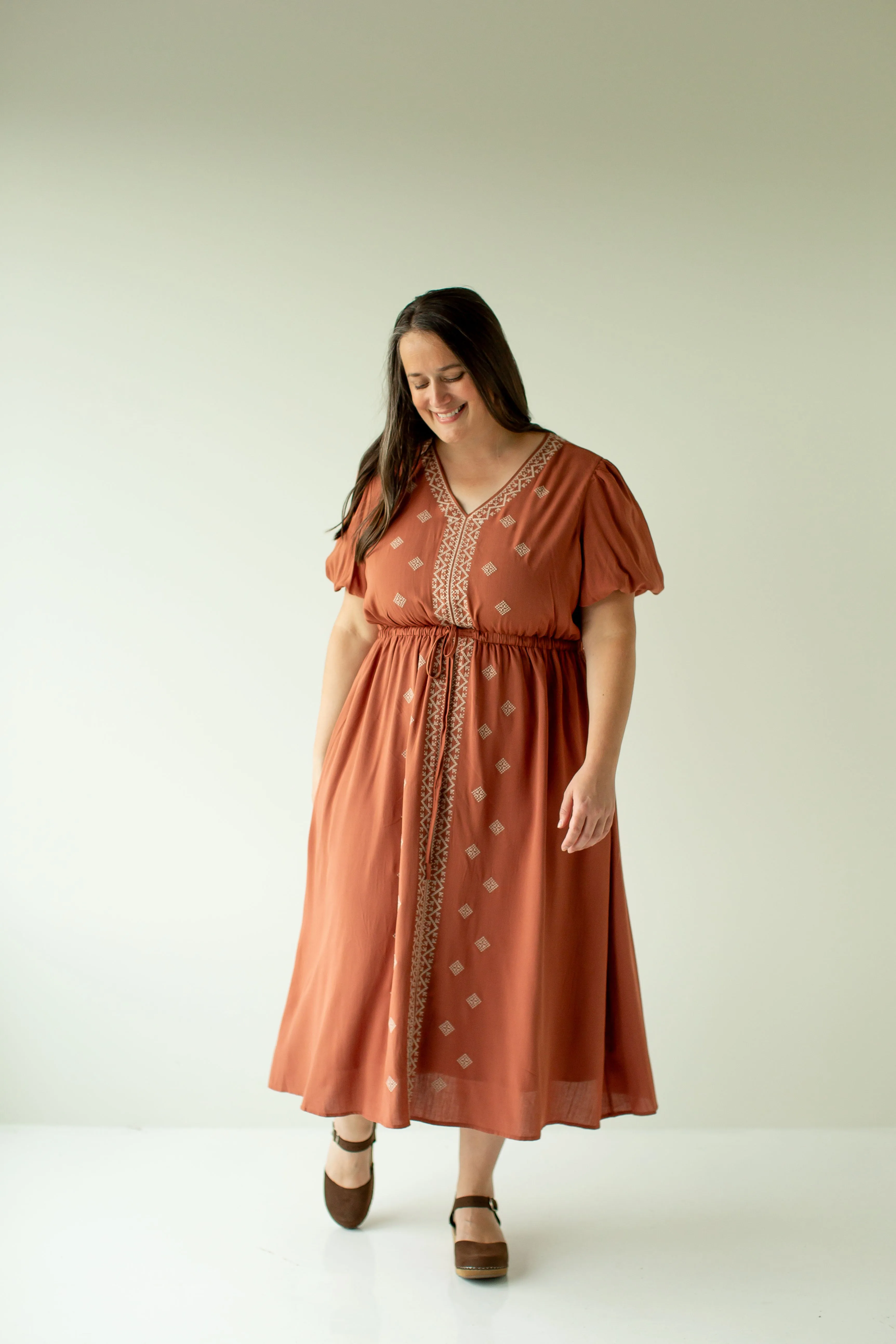 Plus 'Marcella' Puff Sleeve Embroidered Midi Dress in Terracotta