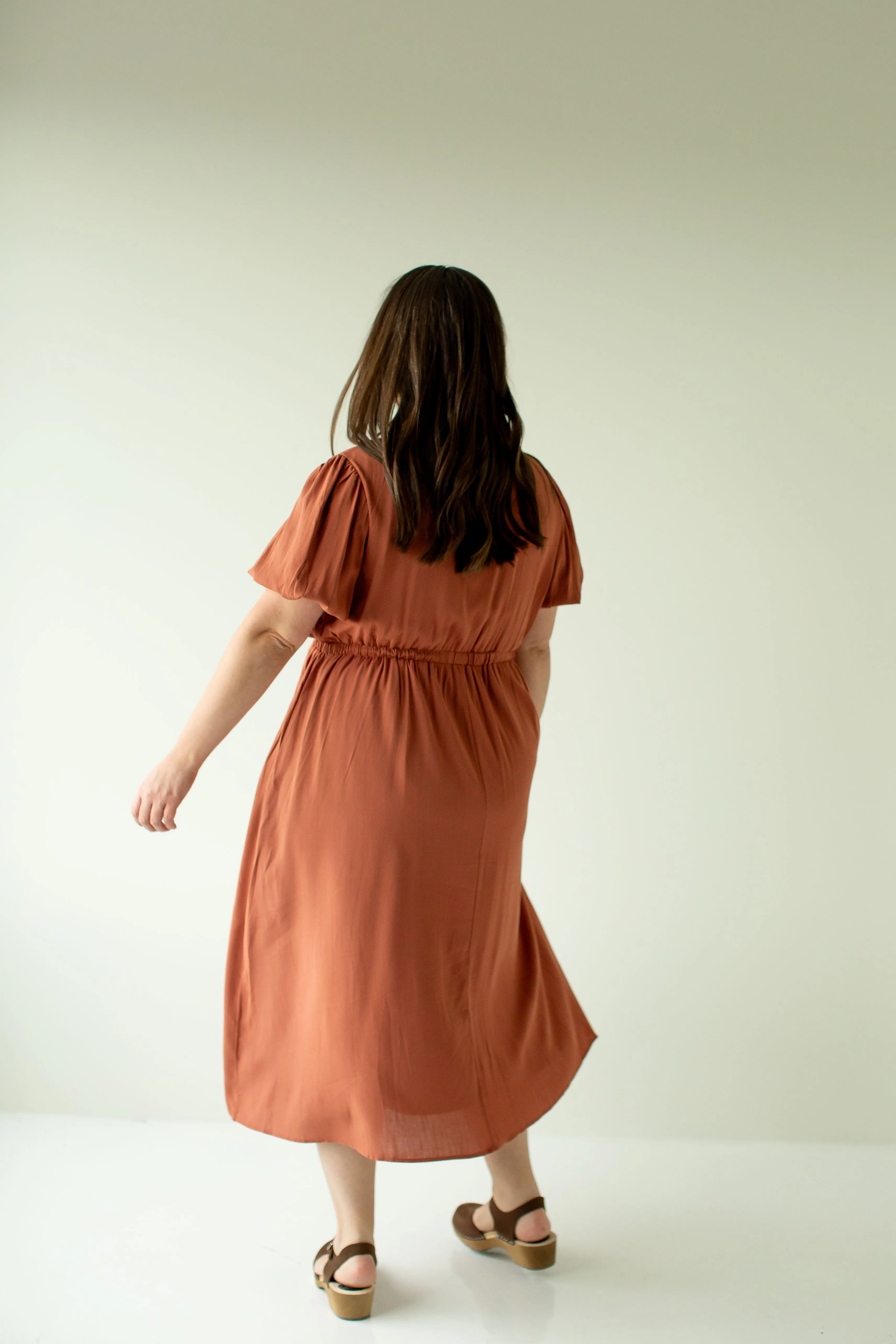 Plus 'Marcella' Puff Sleeve Embroidered Midi Dress in Terracotta