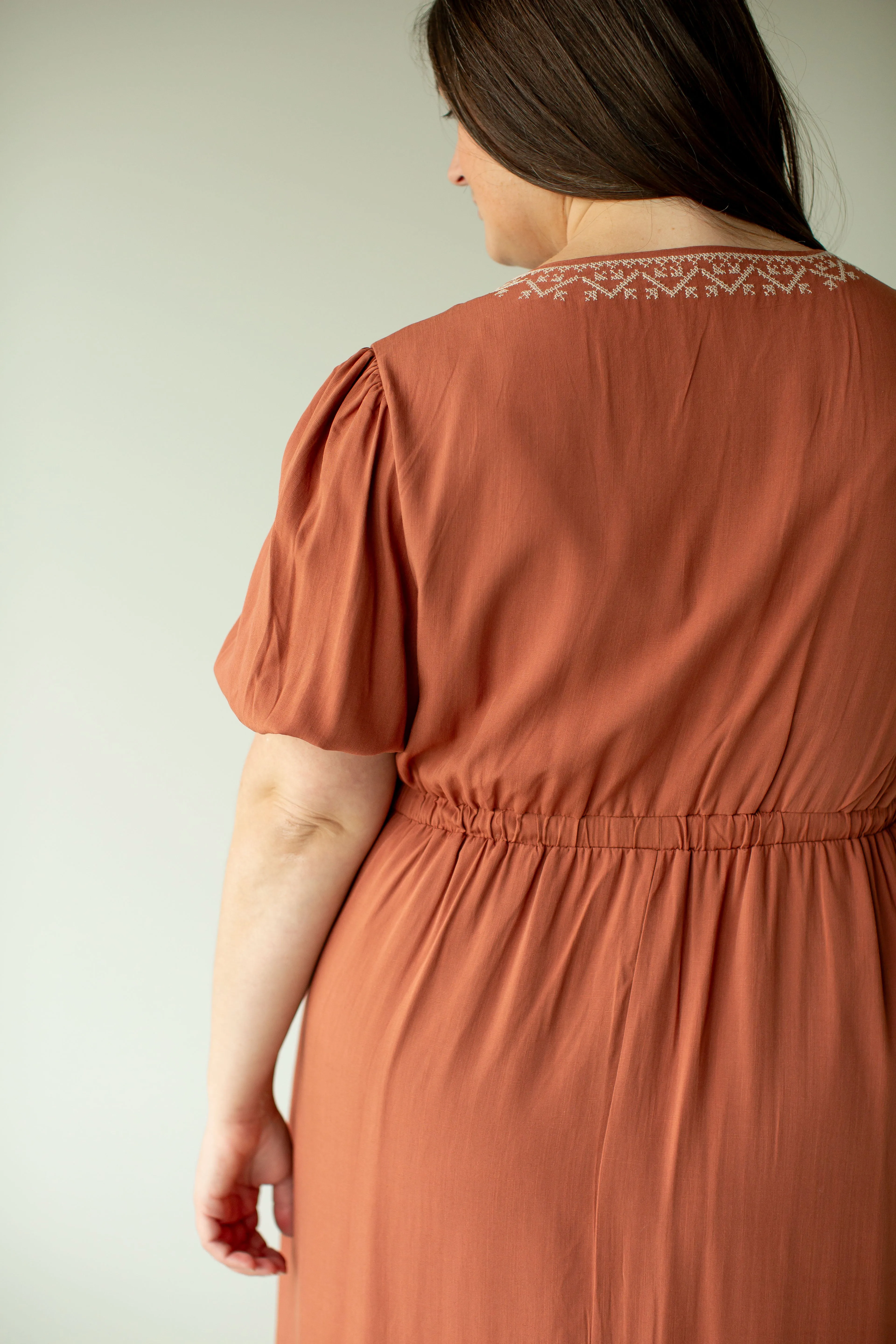 Plus 'Marcella' Puff Sleeve Embroidered Midi Dress in Terracotta