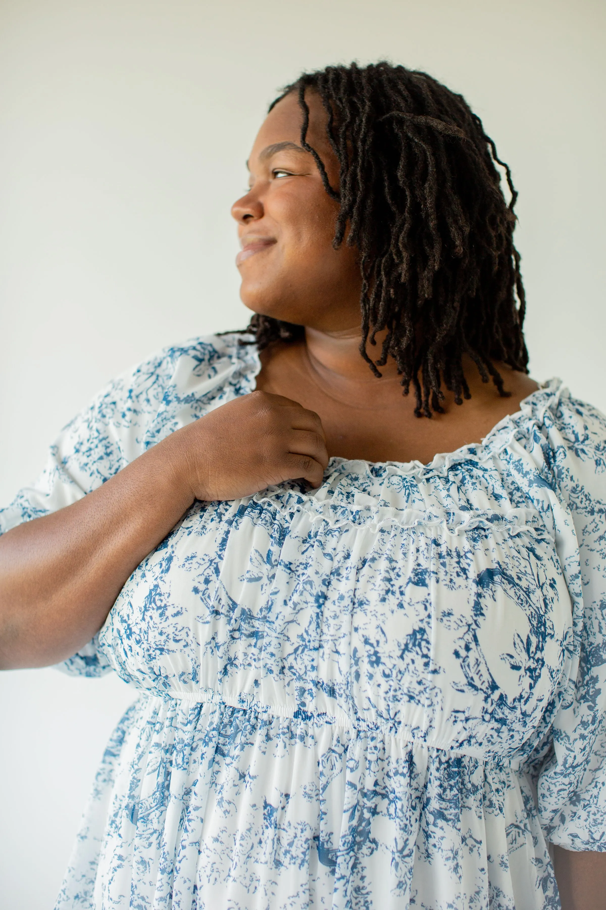 Plus 'Yvette' Ruffled Blue Floral Midi Dress in White FINAL SALE