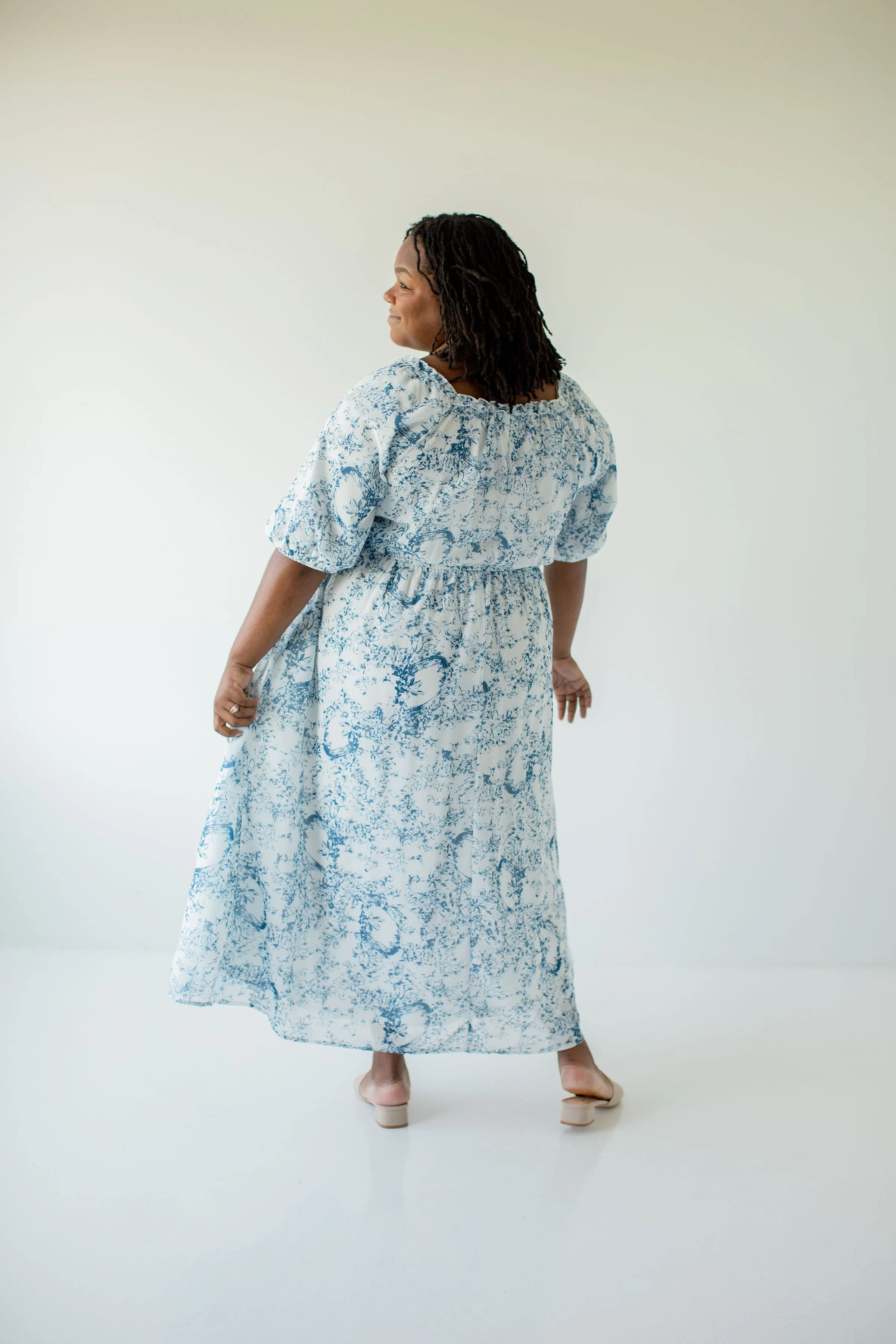 Plus 'Yvette' Ruffled Blue Floral Midi Dress in White FINAL SALE