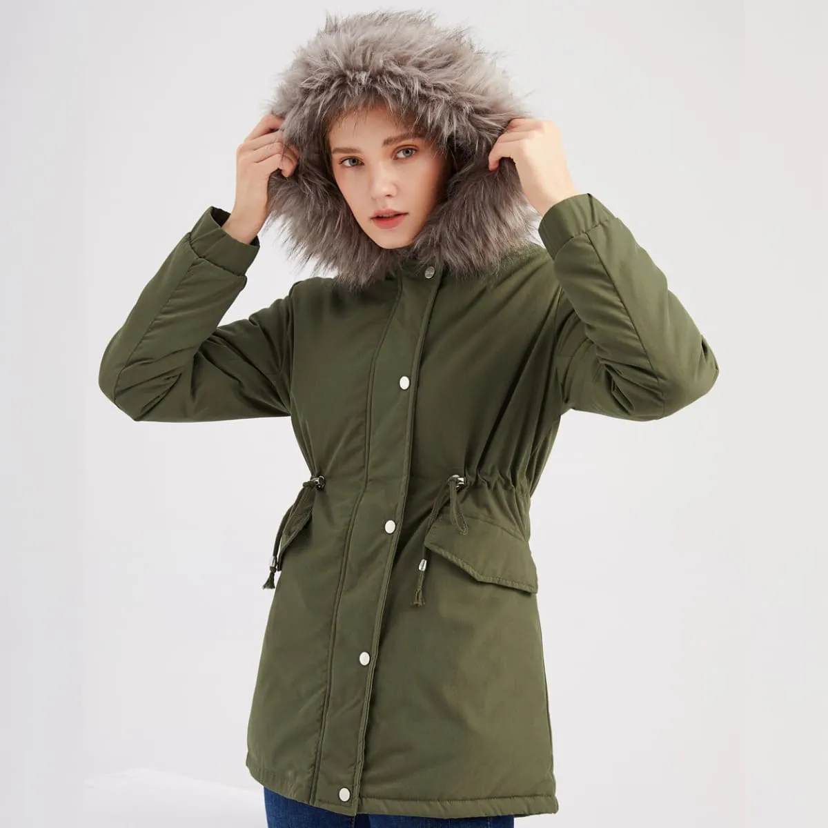 Polina | Parka Hood Velvet Lined Warm Mid-Length Cotton Jacket