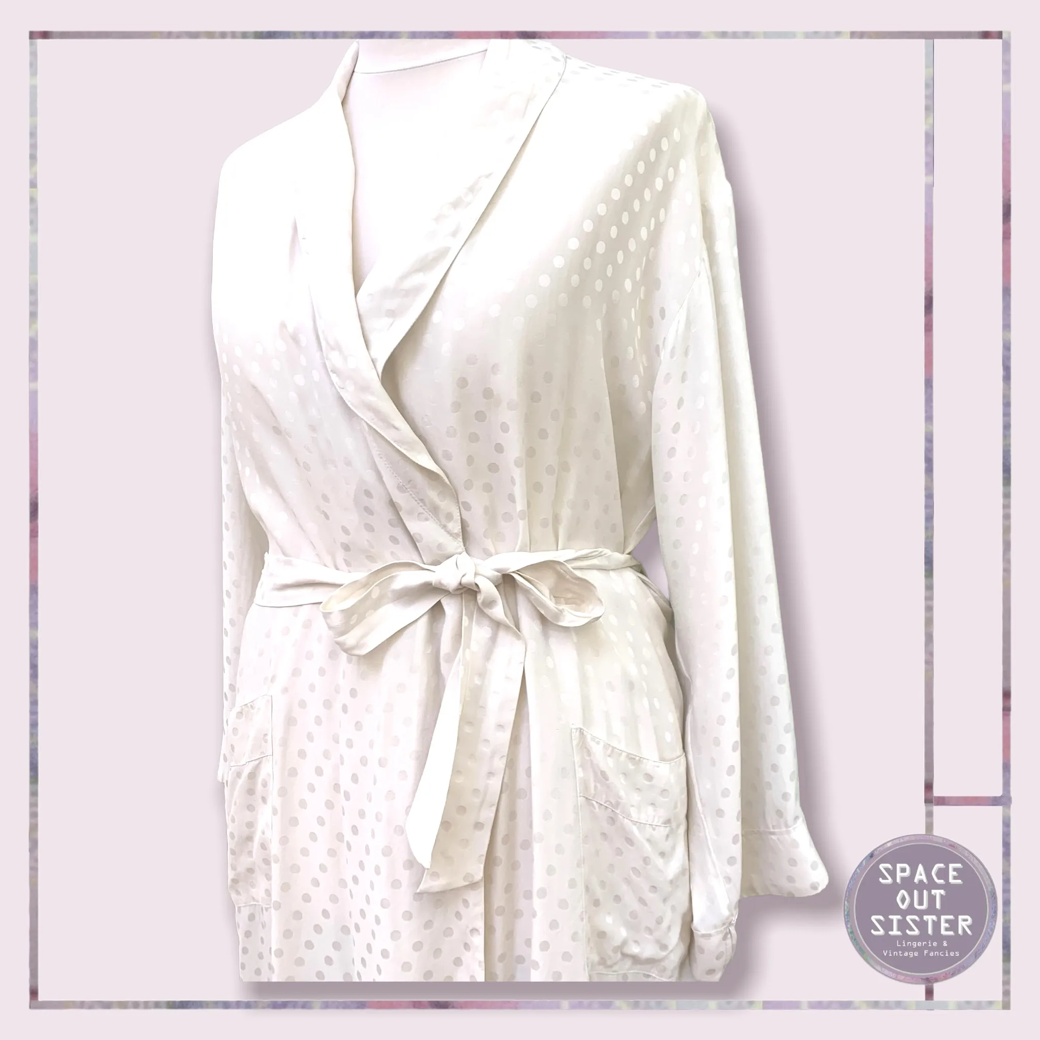 Polka Dot White Pure Silk Dressing Gown