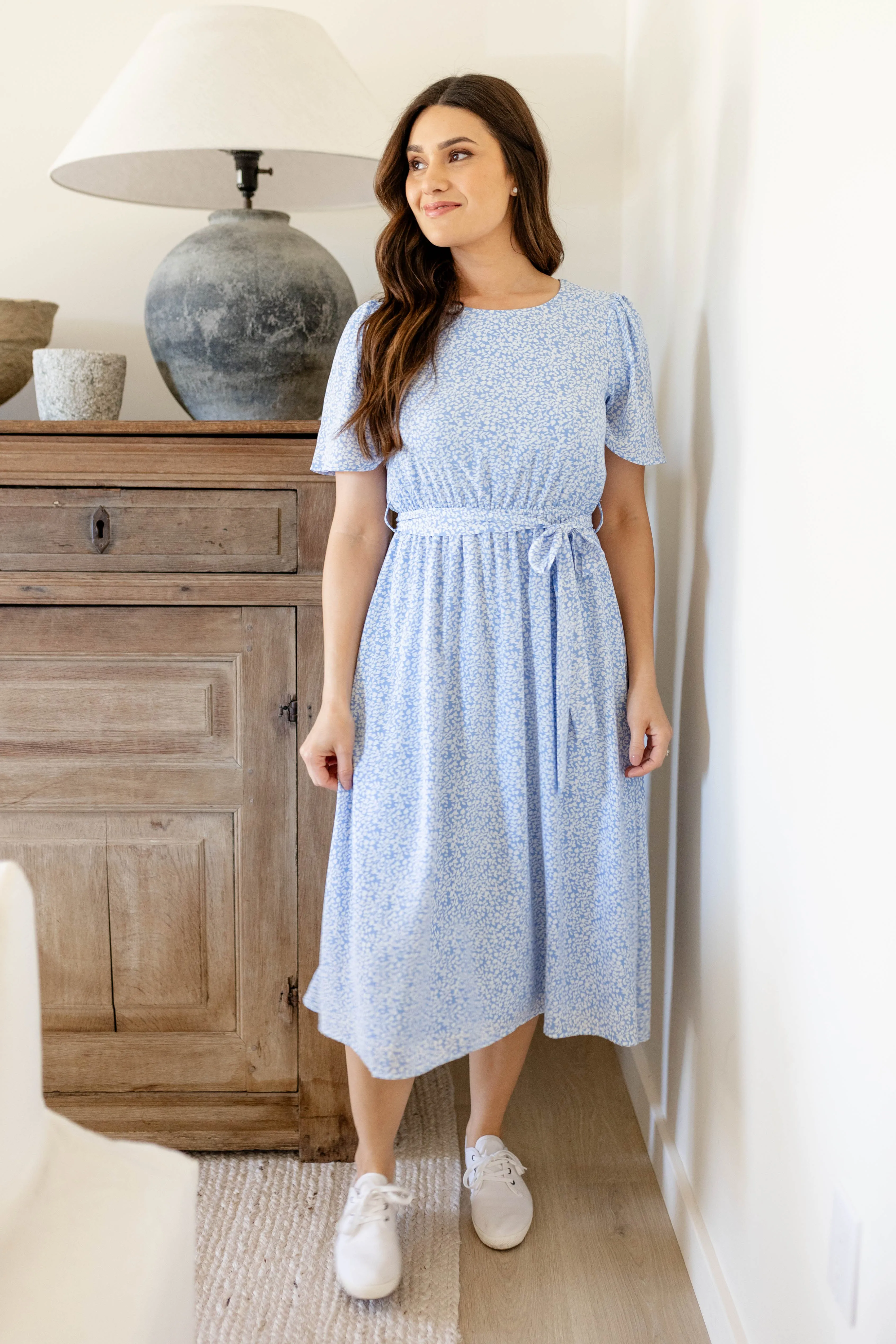 'Ramona' Botanical Print Midi Dress in Sky Blue FINAL SALE