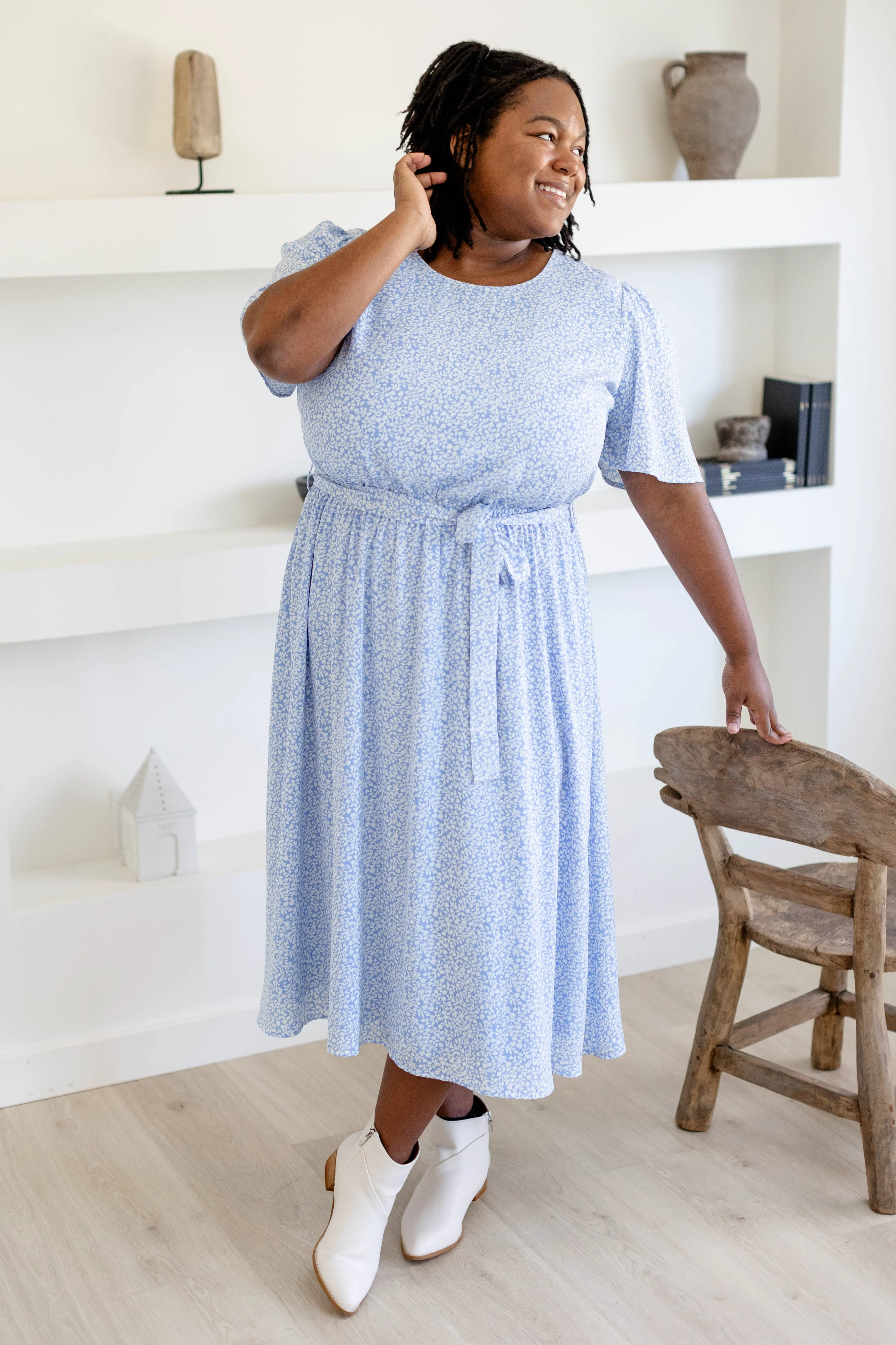 'Ramona' Botanical Print Midi Dress in Sky Blue FINAL SALE