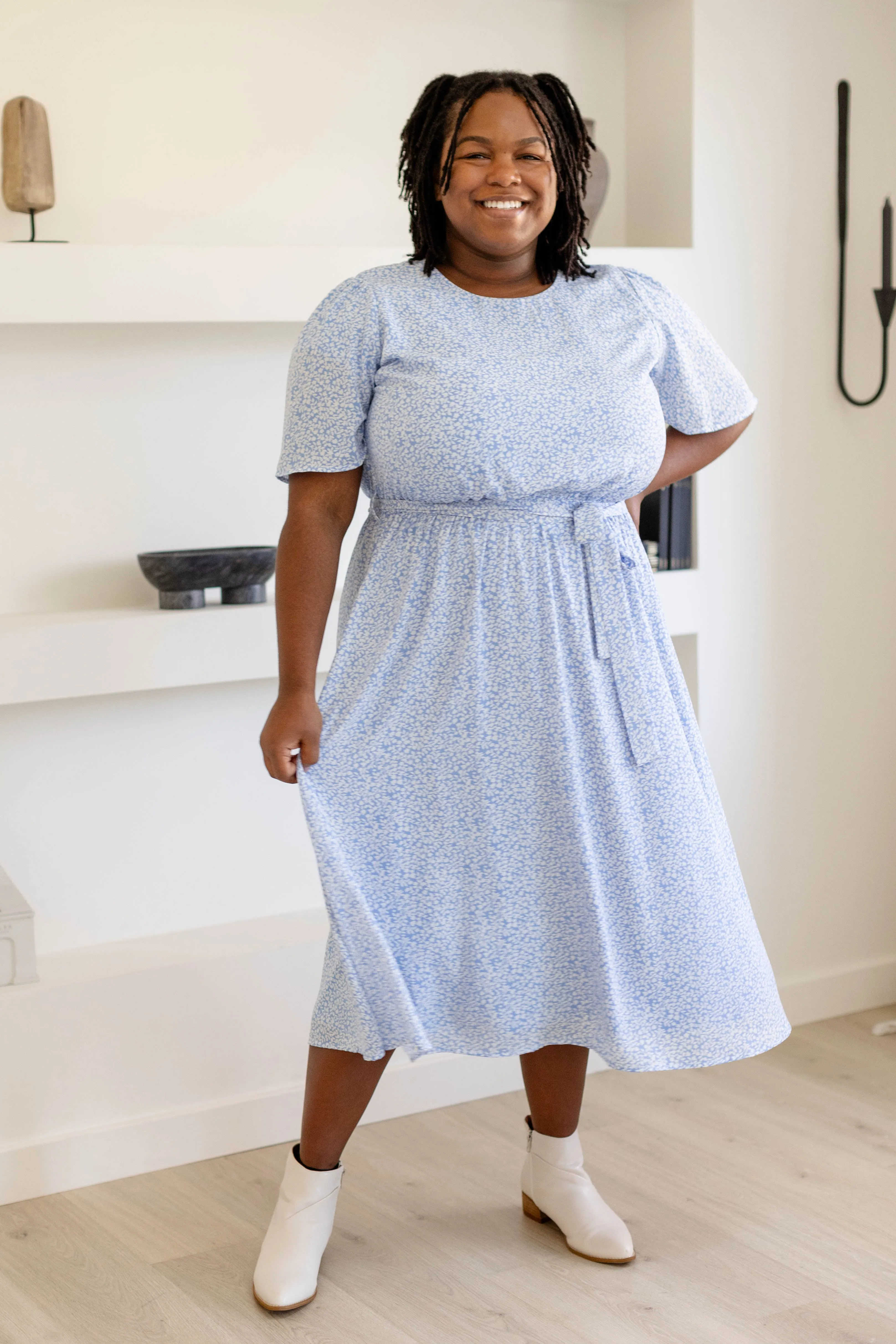 'Ramona' Botanical Print Midi Dress in Sky Blue FINAL SALE