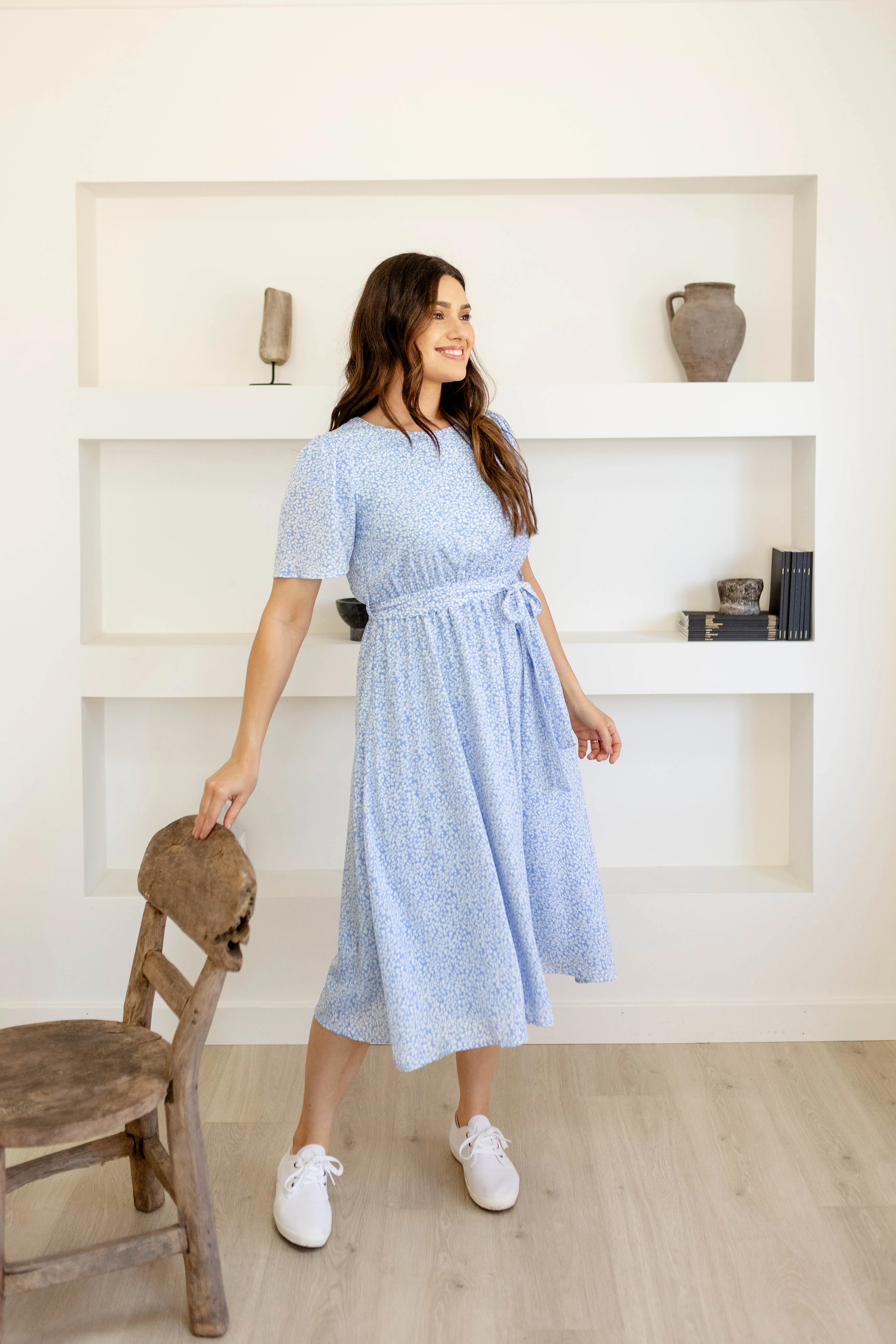 'Ramona' Botanical Print Midi Dress in Sky Blue FINAL SALE