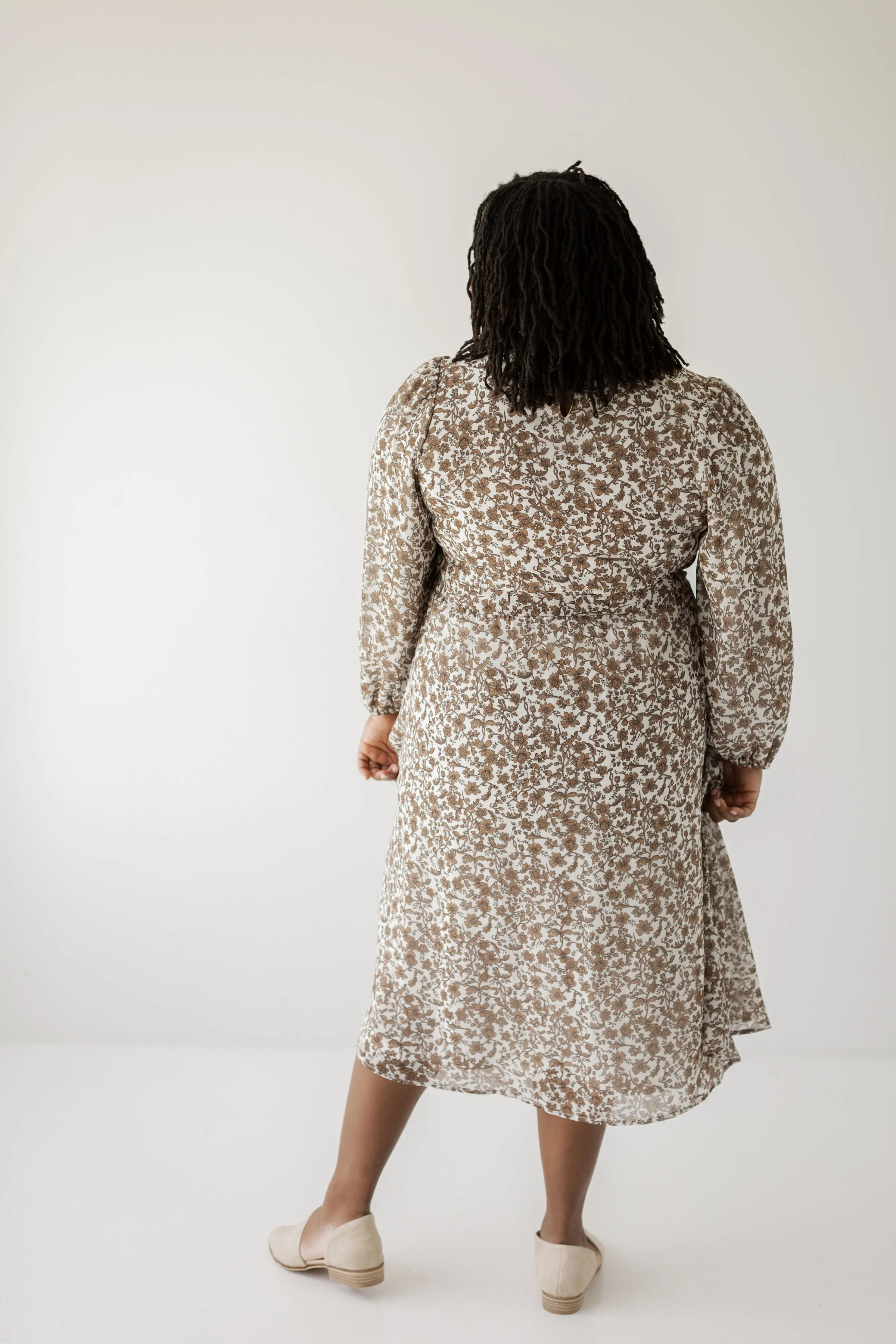 'Ramona' Long Sleeve Mocha Floral Midi Dress in White