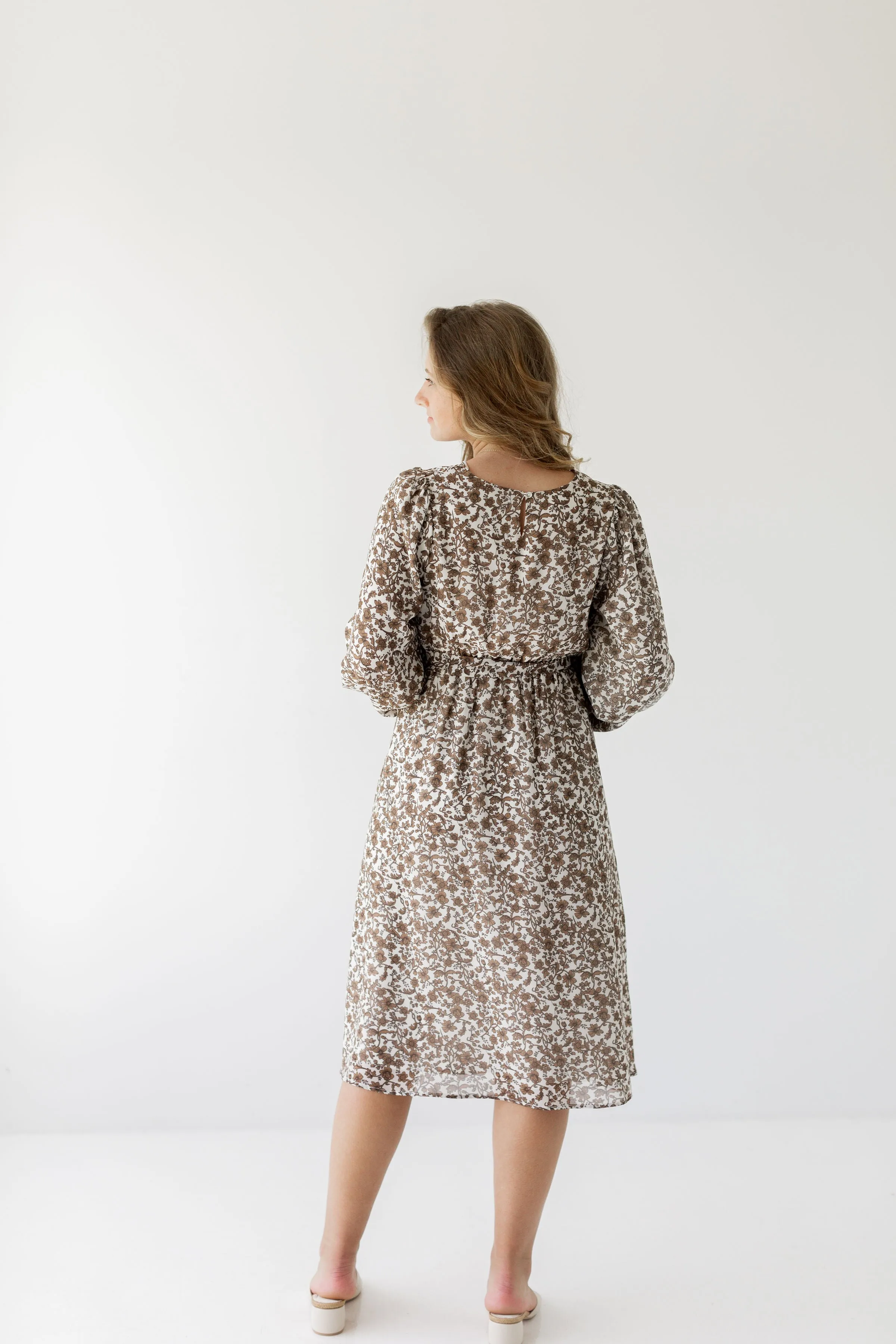 'Ramona' Long Sleeve Mocha Floral Midi Dress in White