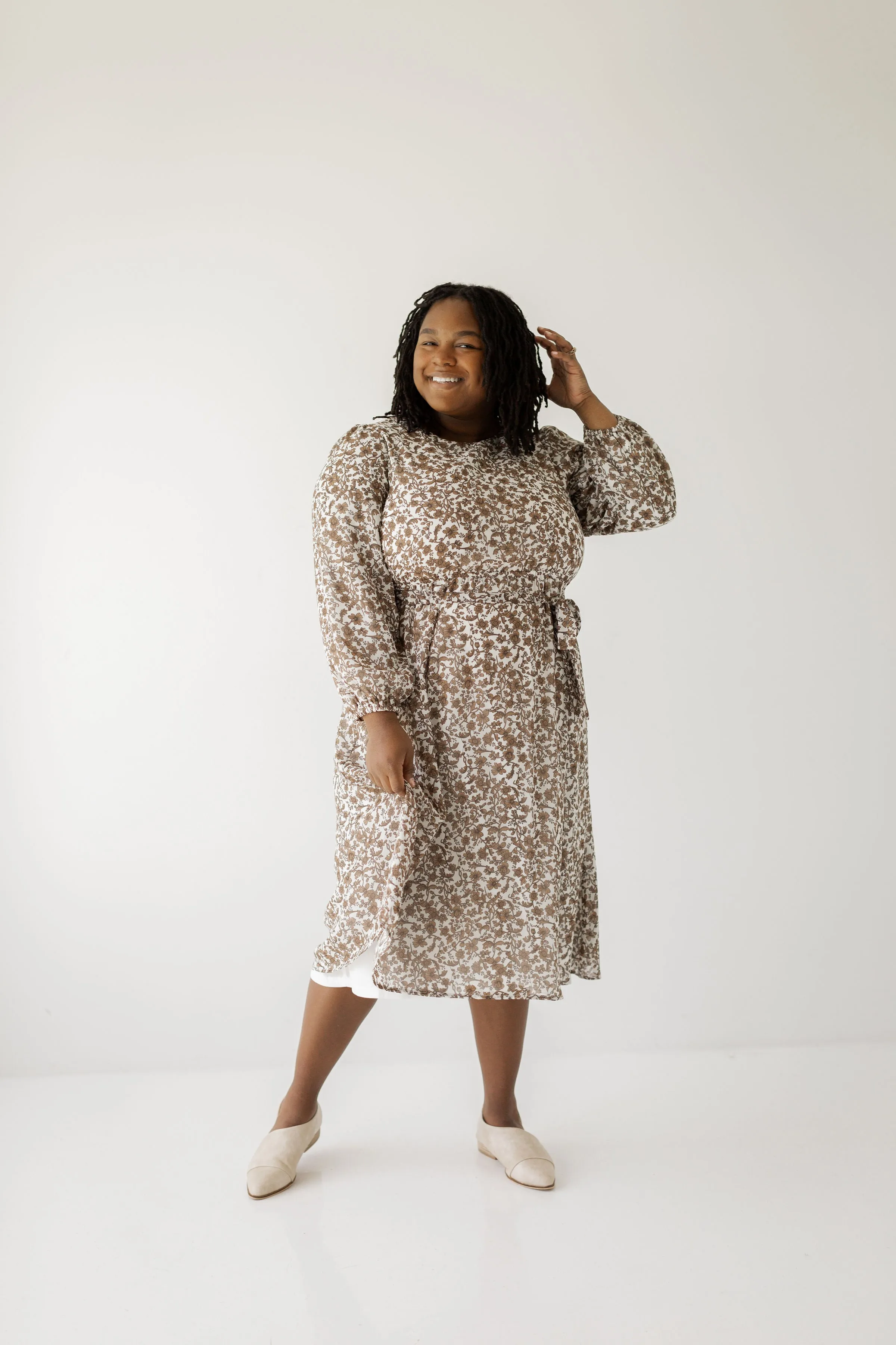 'Ramona' Long Sleeve Mocha Floral Midi Dress in White