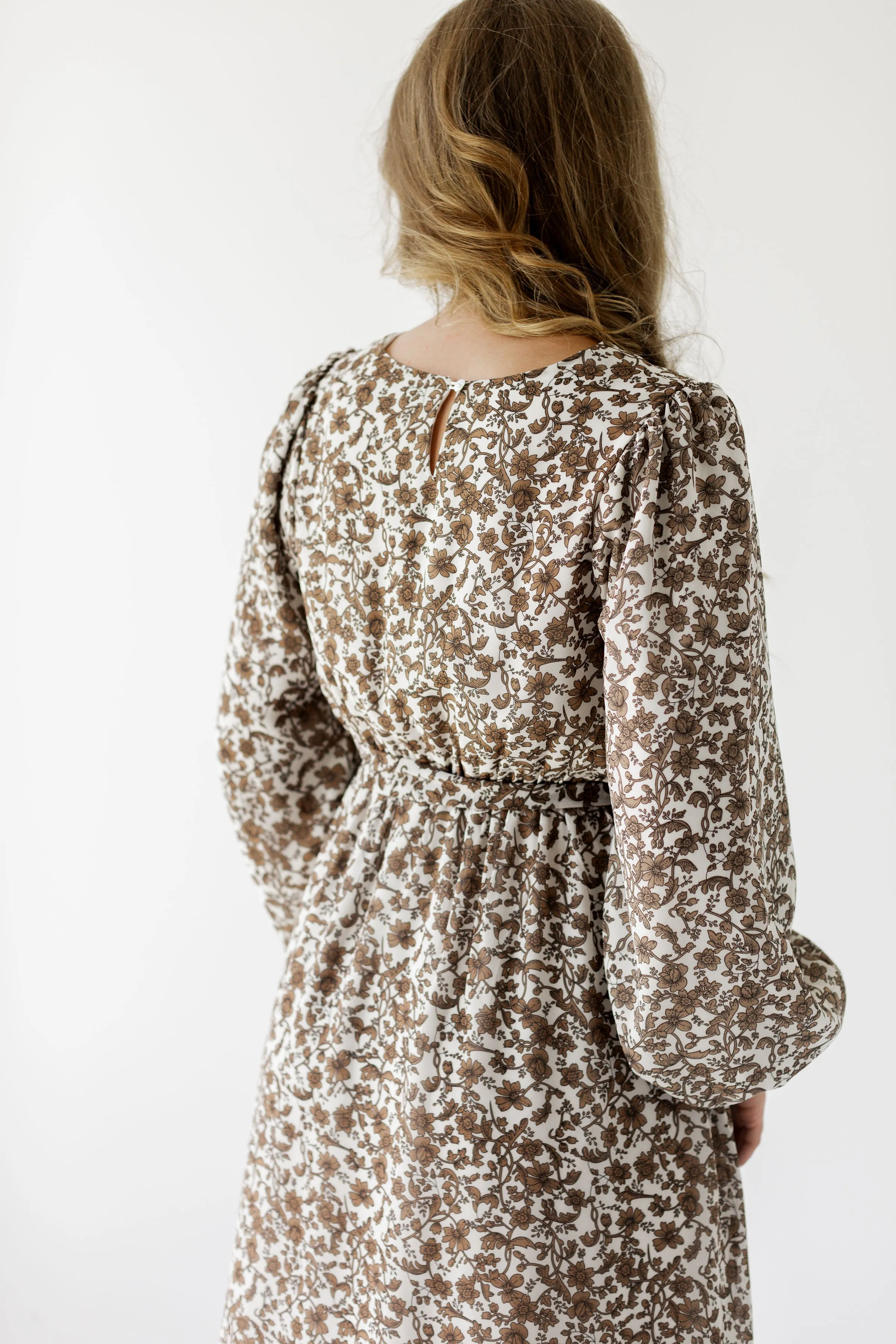 'Ramona' Long Sleeve Mocha Floral Midi Dress in White