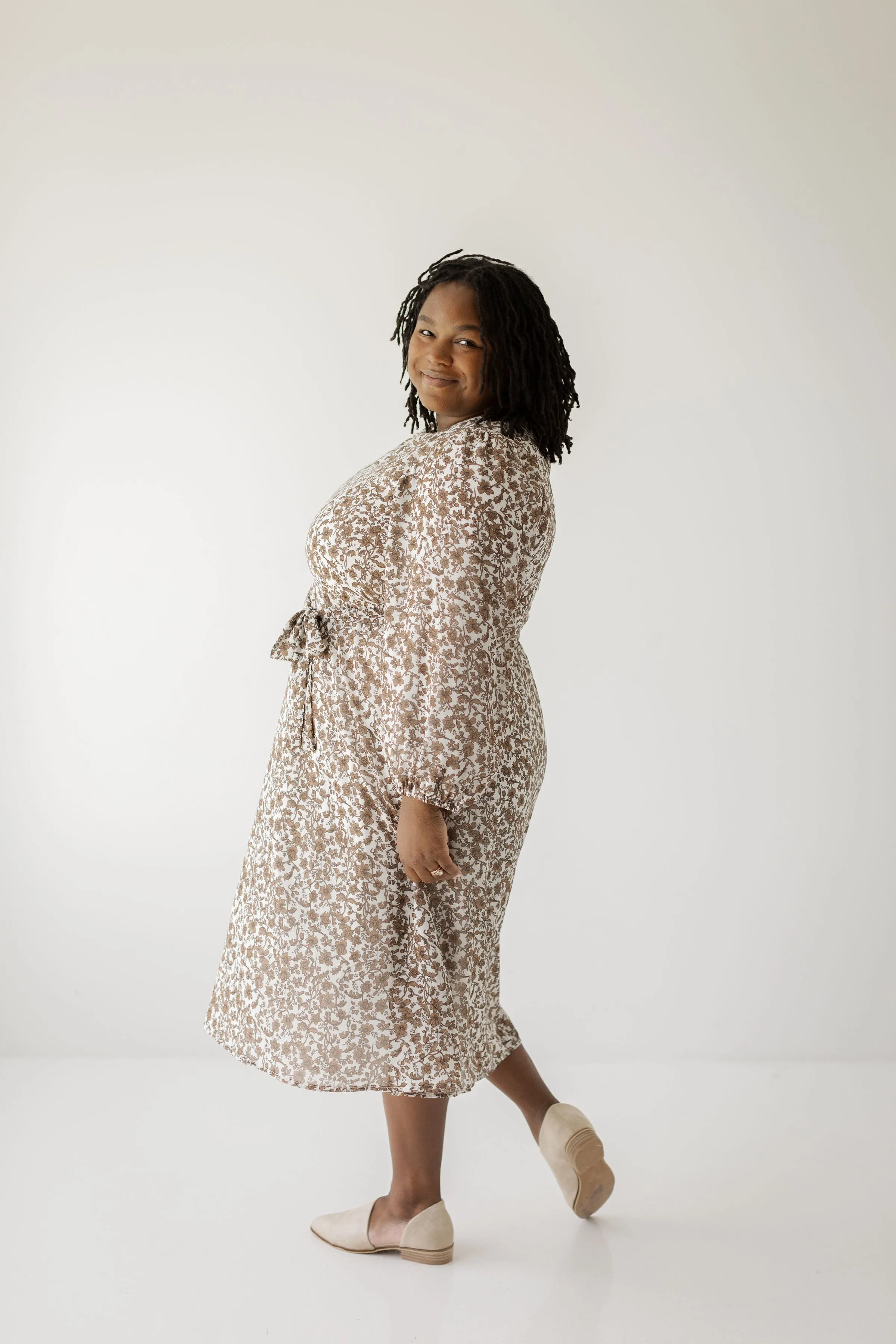 'Ramona' Long Sleeve Mocha Floral Midi Dress in White