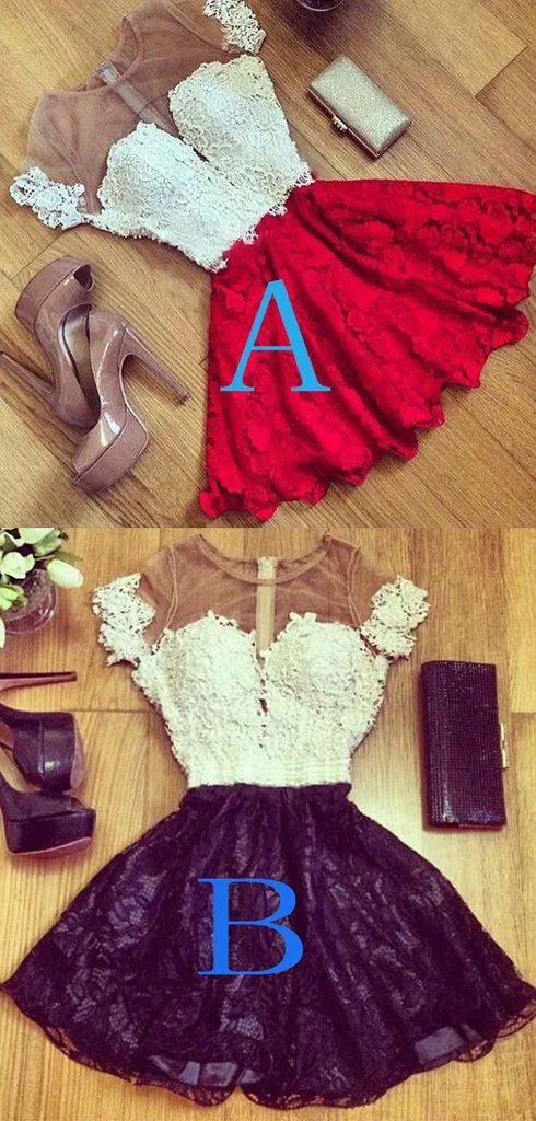 Red Lace Short Sleeve Homecoming Dress,Cheap Cocktail Dresses,Party Dresses KPH0205