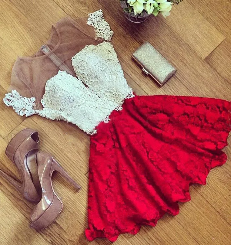 Red Lace Short Sleeve Homecoming Dress,Cheap Cocktail Dresses,Party Dresses KPH0205