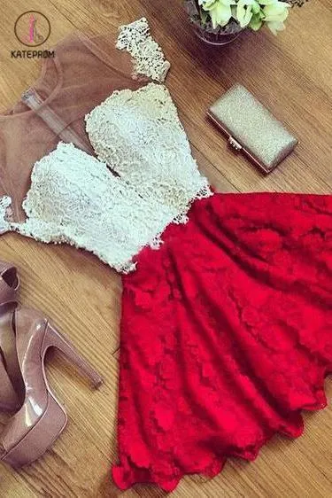 Red Lace Short Sleeve Homecoming Dress,Cheap Cocktail Dresses,Party Dresses KPH0205