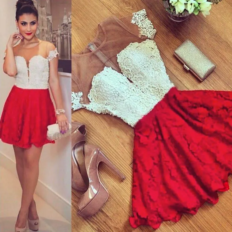 Red Lace Short Sleeve Homecoming Dress,Cheap Cocktail Dresses,Party Dresses KPH0205