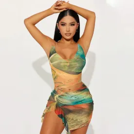 Scenery Print Halter Backless Mini Dress
