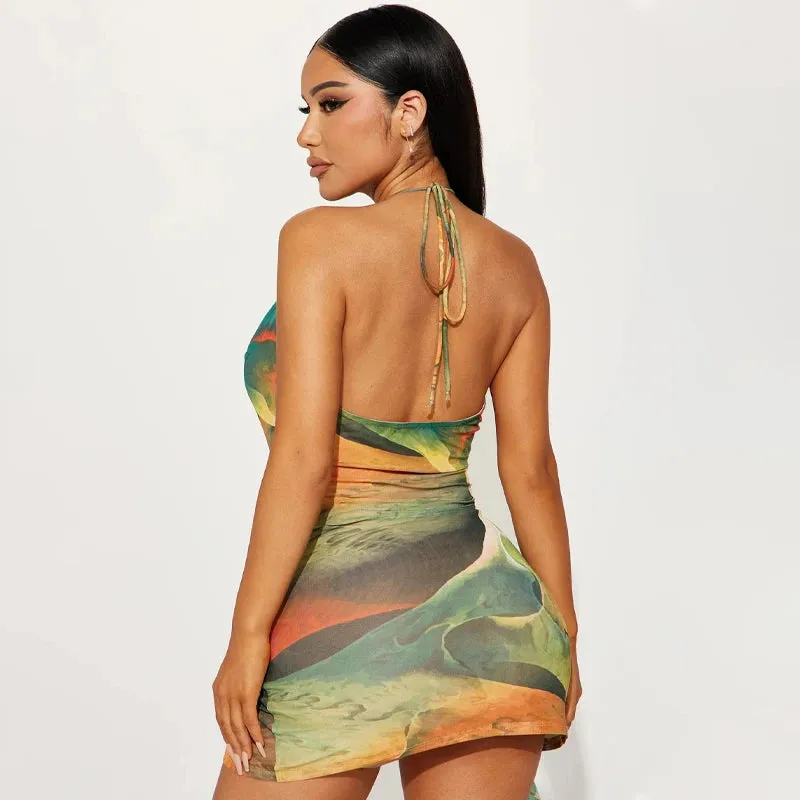 Scenery Print Halter Backless Mini Dress