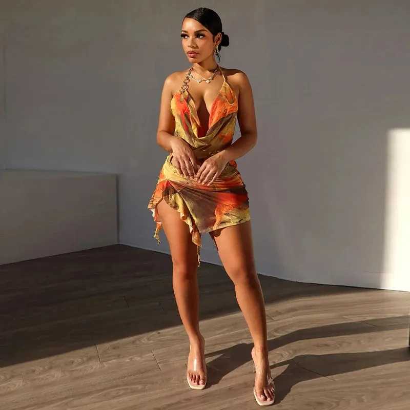 Scenery Print Halter Backless Mini Dress