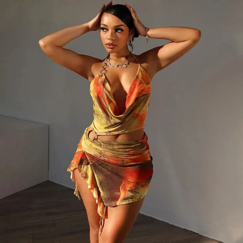 Scenery Print Halter Backless Mini Dress