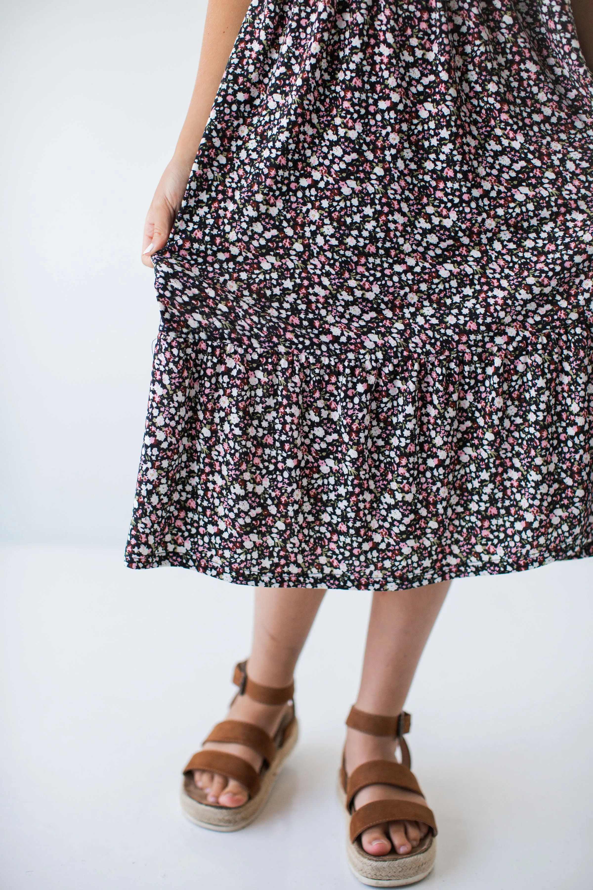 'Shiloh' Girl Tiered Midi Dress in Black Floral
