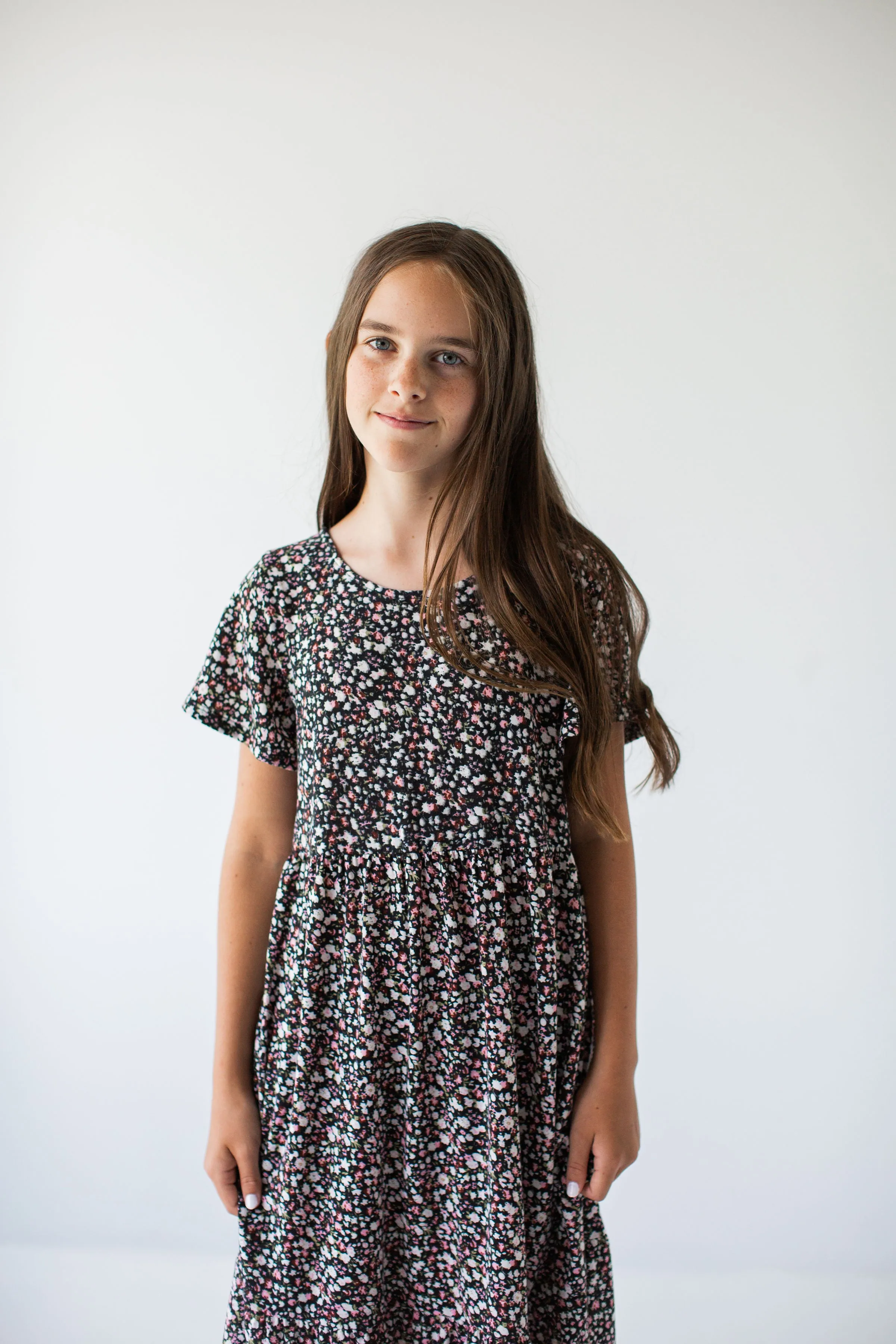 'Shiloh' Girl Tiered Midi Dress in Black Floral
