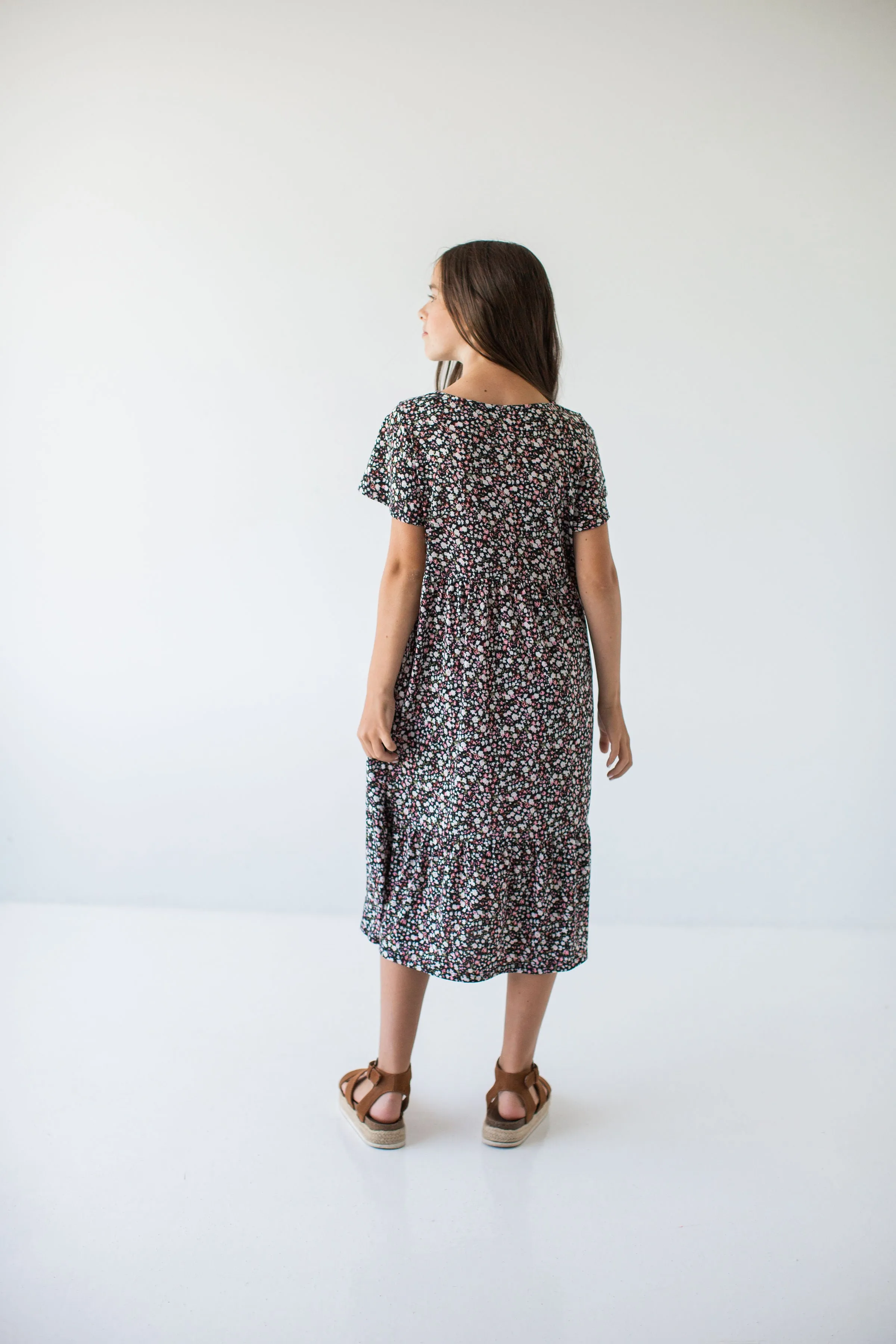 'Shiloh' Girl Tiered Midi Dress in Black Floral