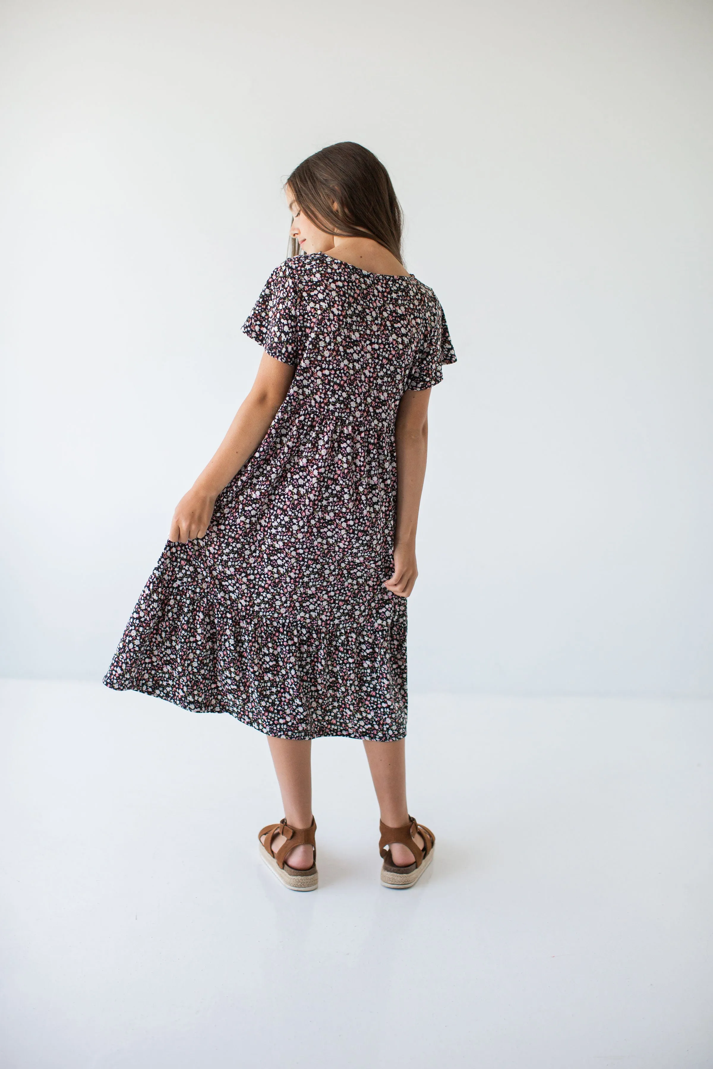 'Shiloh' Girl Tiered Midi Dress in Black Floral