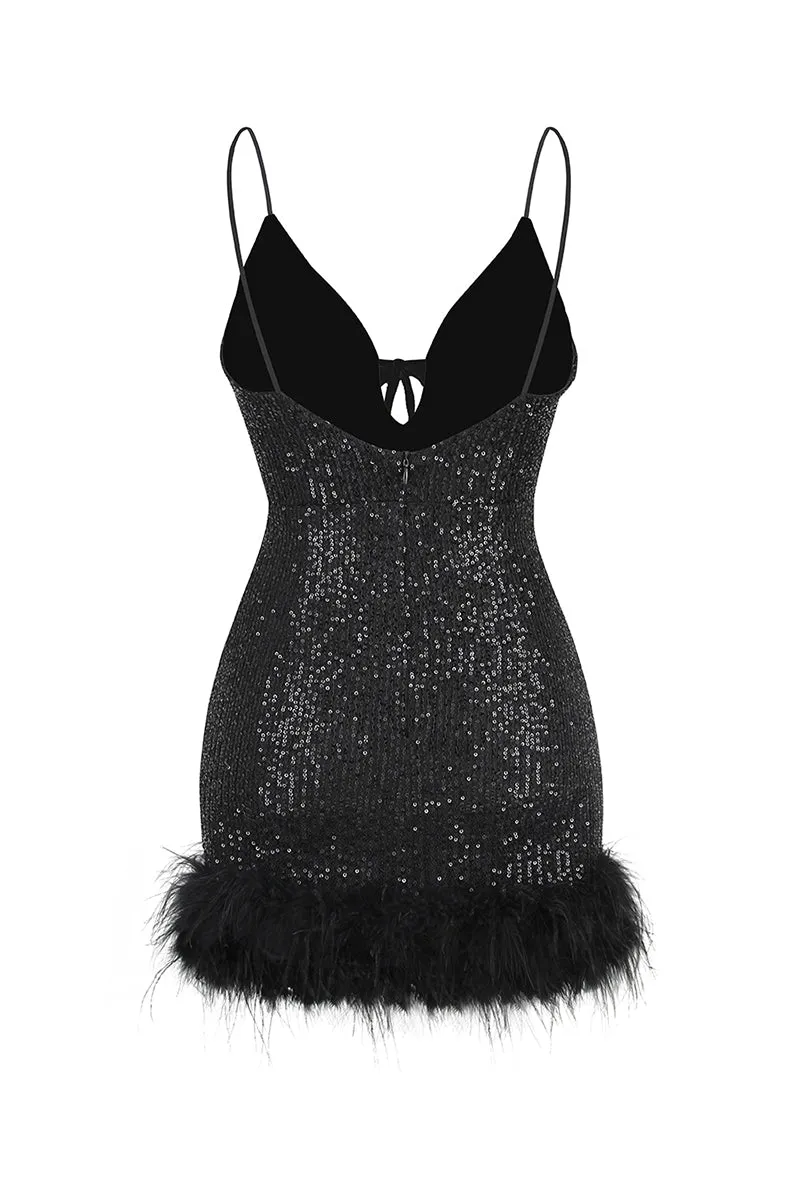 Sparkly Glam Sequin Feather Mini Dress