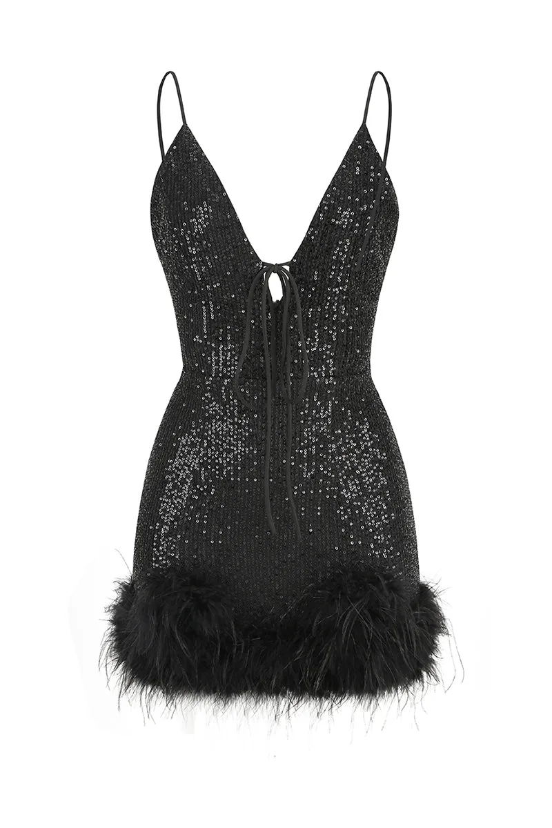 Sparkly Glam Sequin Feather Mini Dress