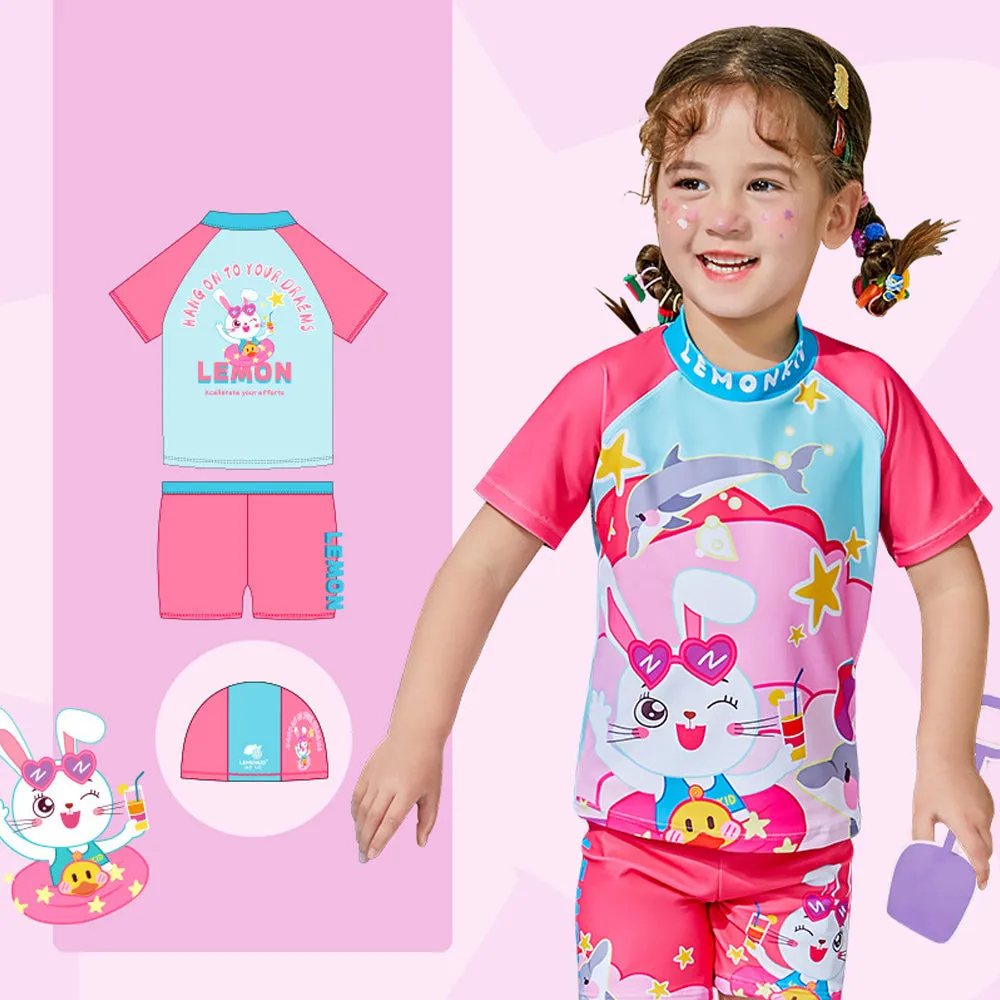 Starry Rabbit Print Swimsuit and Swim Cap for Kids- 2Pcs (UPF 50 &A) - Pink