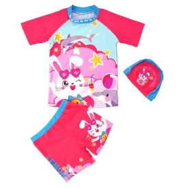 Starry Rabbit Print Swimsuit and Swim Cap for Kids- 2Pcs (UPF 50 &A) - Pink