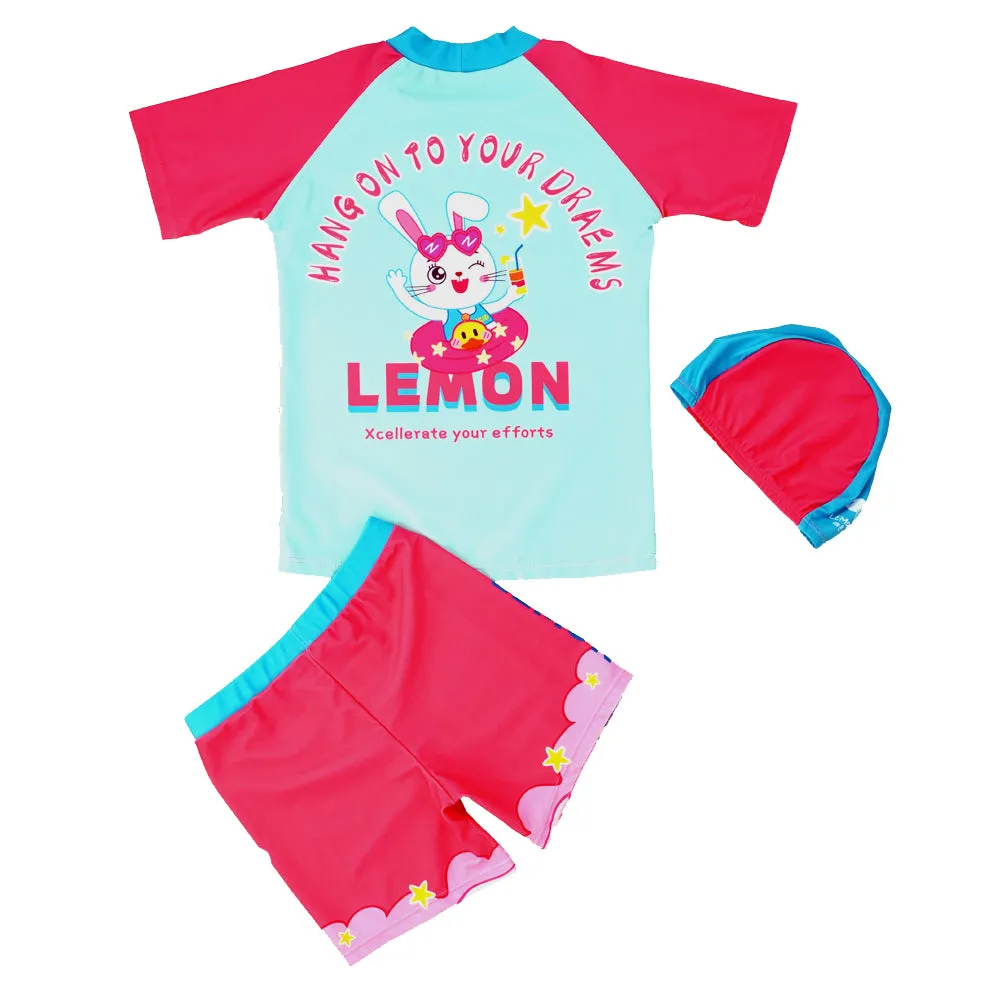 Starry Rabbit Print Swimsuit and Swim Cap for Kids- 2Pcs (UPF 50 &A) - Pink