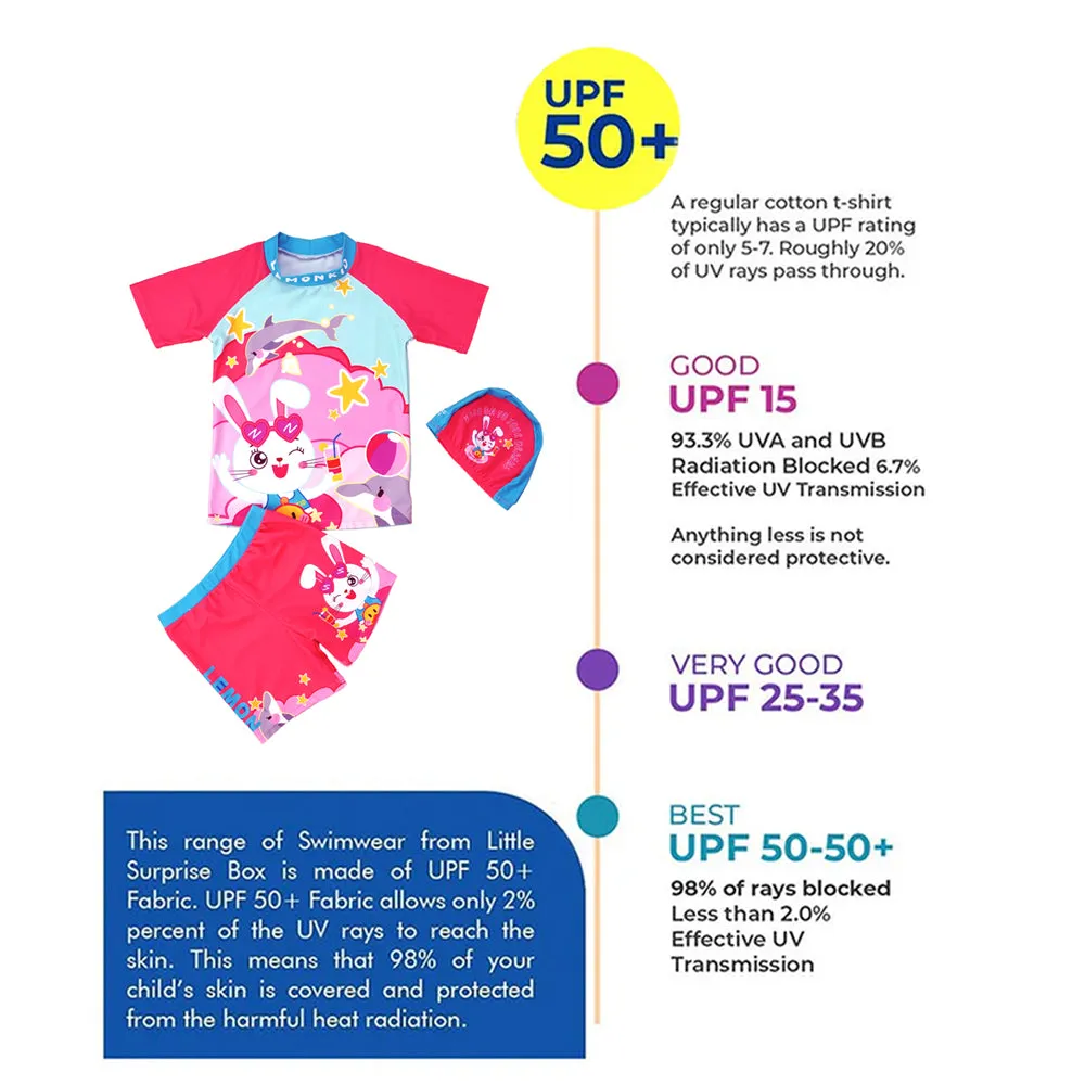 Starry Rabbit Print Swimsuit and Swim Cap for Kids- 2Pcs (UPF 50 &A) - Pink