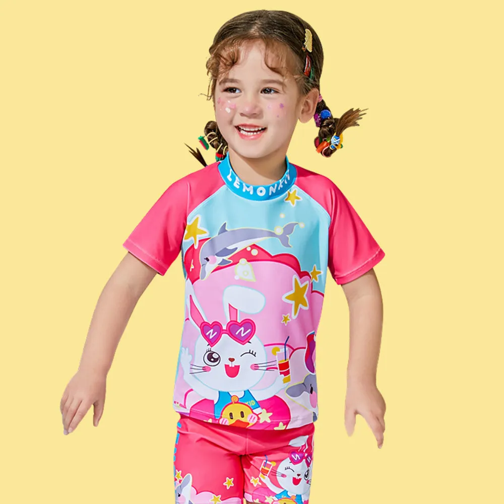 Starry Rabbit Print Swimsuit and Swim Cap for Kids- 2Pcs (UPF 50 &A) - Pink