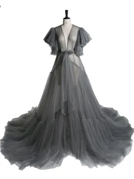 V Neck Bow Short Sleeve Pleated  Luxury Robe