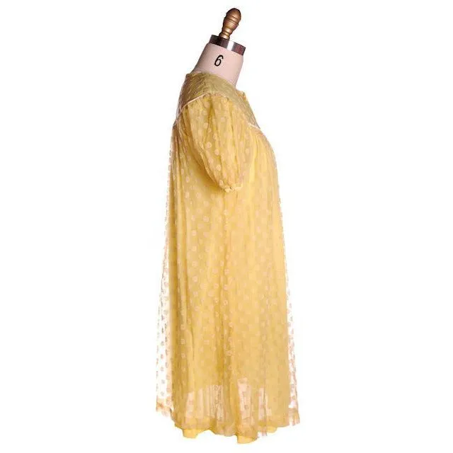 Vintage Baby Doll Nighty Yellow Polka Dot FLocked Nylon 1970s Small