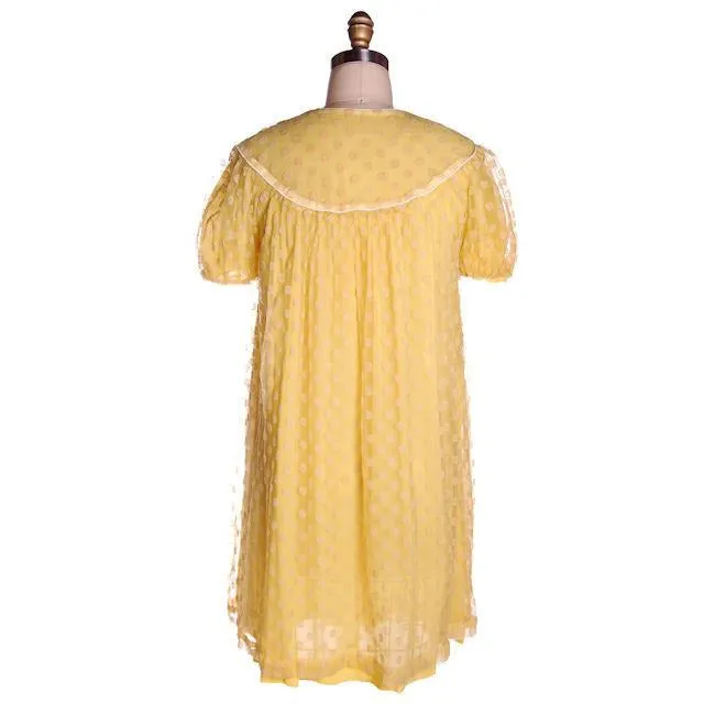 Vintage Baby Doll Nighty Yellow Polka Dot FLocked Nylon 1970s Small