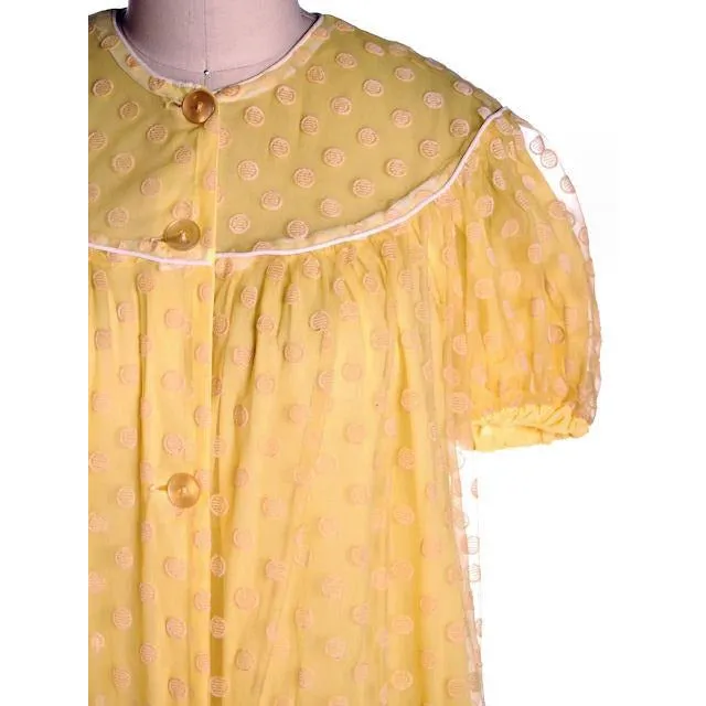 Vintage Baby Doll Nighty Yellow Polka Dot FLocked Nylon 1970s Small