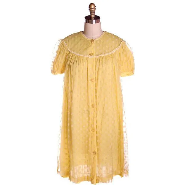 Vintage Baby Doll Nighty Yellow Polka Dot FLocked Nylon 1970s Small