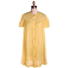 Vintage Baby Doll Nighty Yellow Polka Dot FLocked Nylon 1970s Small